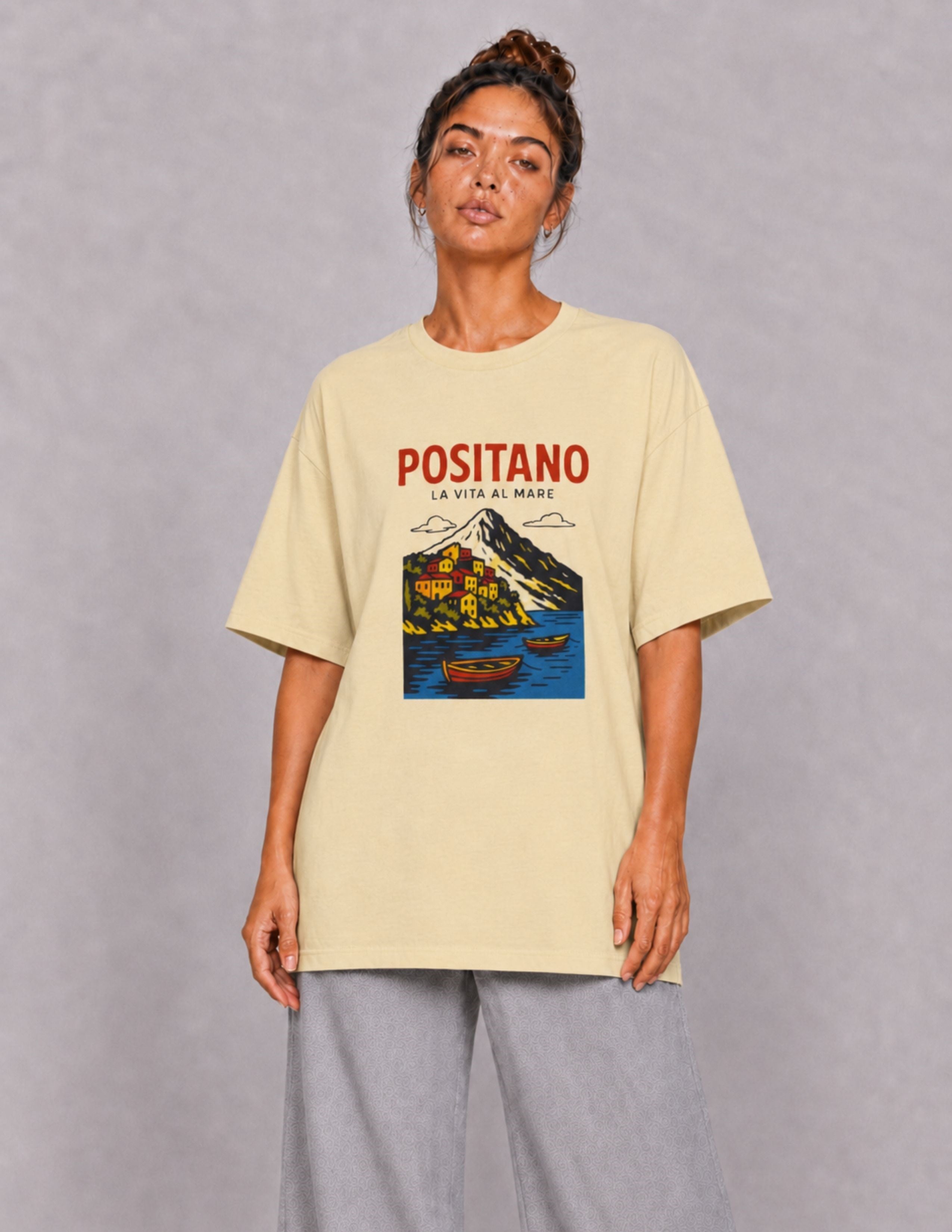 Basic Kadın Oversize Baskılı Bej T-shirt
