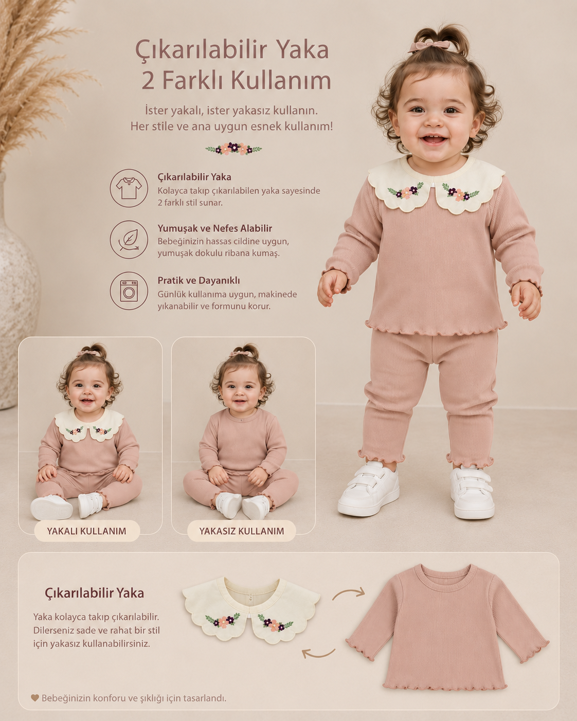 Dusty Rose Kız Bebek Gül Kurusu 2'li Set