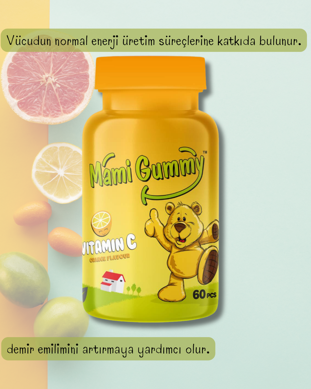 Mami Gummy Kids Gummies C Vitamini İçeren 60 Adet Çiğnenebilir Gummy Jel Portakal Aromalı