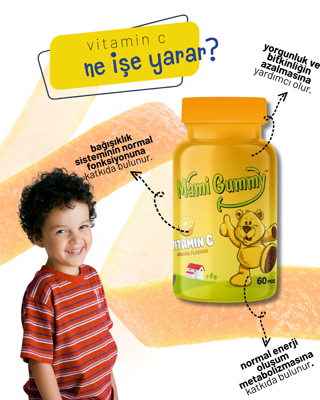 Mami Gummy Kids Gummies C Vitamini İçeren 60 Adet Çiğnenebilir Gummy Jel Portakal Aromalı
