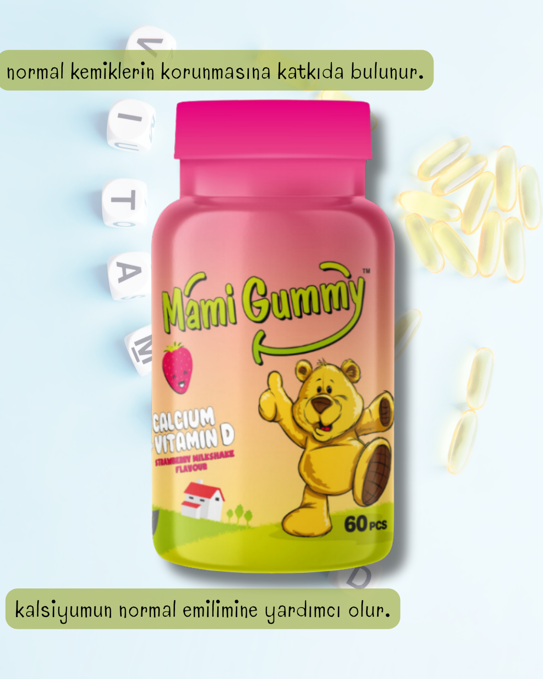 MamiGummy Kids Gummies D Vitamini ve Kalsiyum İçeren 60 Adet Çiğnenebilir Gummy Jel Çilek Aromalı
