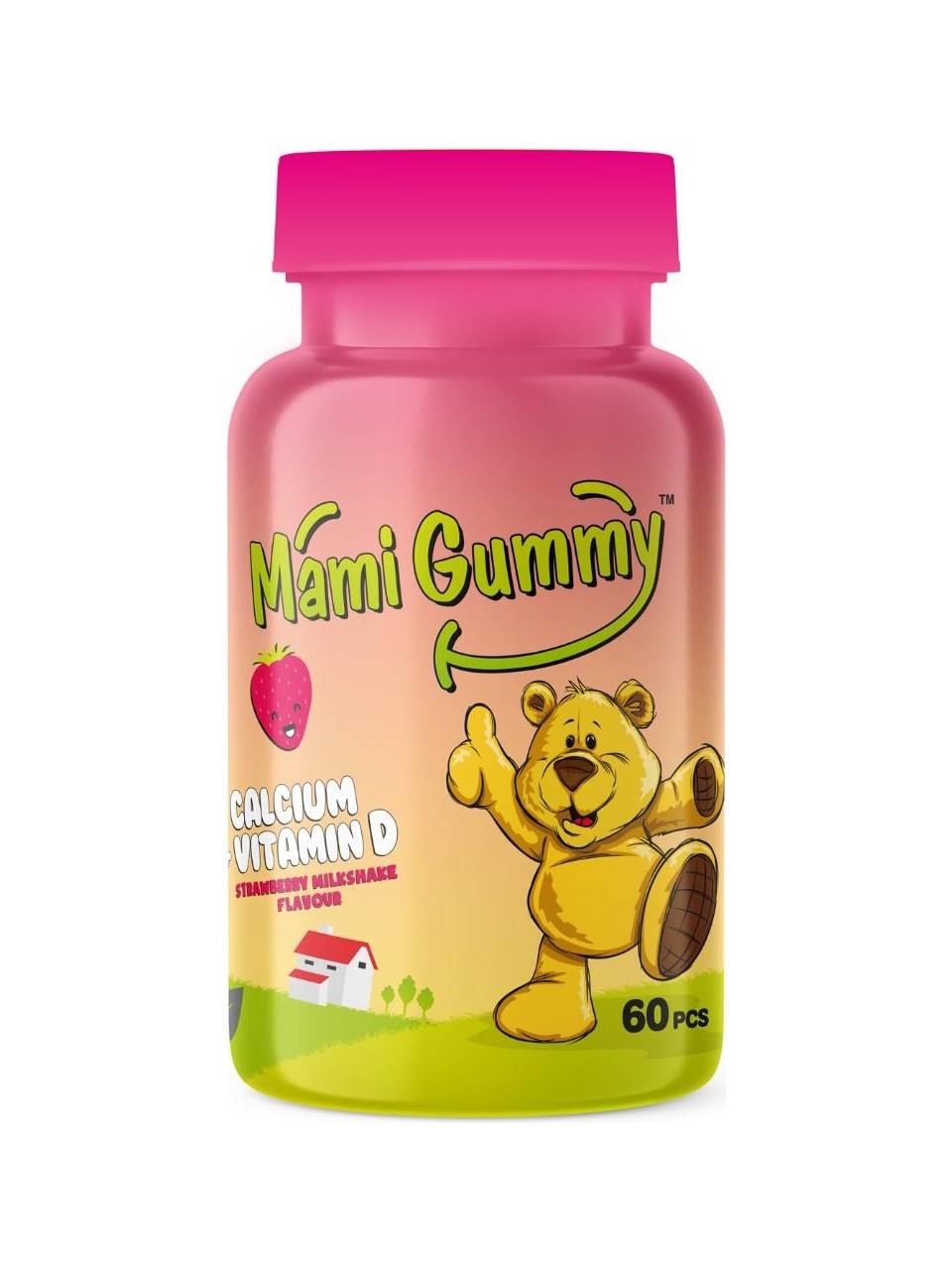 MamiGummy Kids Gummies D Vitamini ve Kalsiyum İçeren 60 Adet Çiğnenebilir Gummy Jel Çilek Aromalı