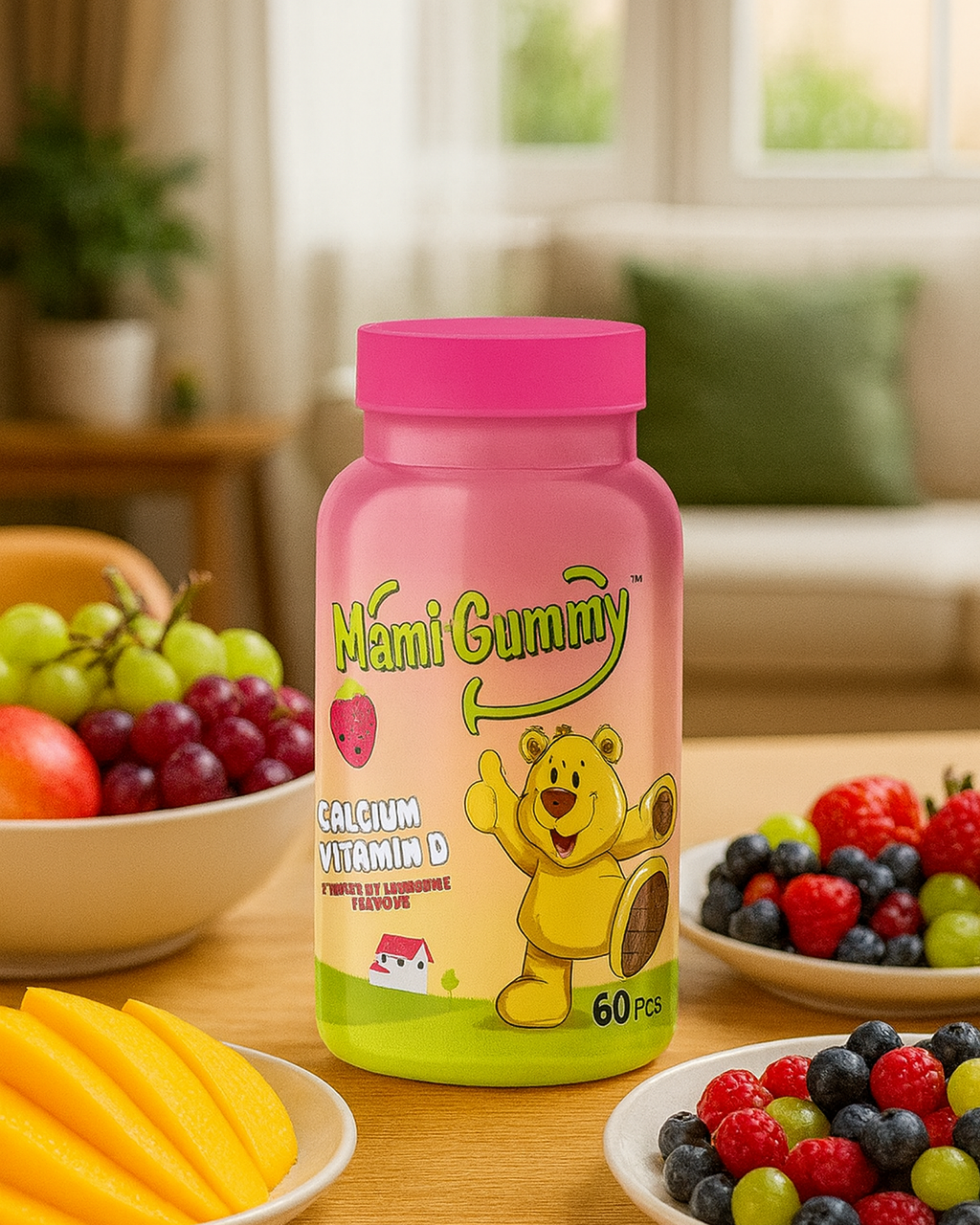 MamiGummy Kids Gummies D Vitamini ve Kalsiyum İçeren 60 Adet Çiğnenebilir Gummy Jel Çilek Aromalı