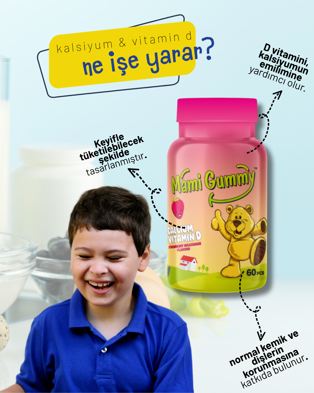 MamiGummy Kids Gummies D Vitamini ve Kalsiyum İçeren 60 Adet Çiğnenebilir Gummy Jel Çilek Aromalı