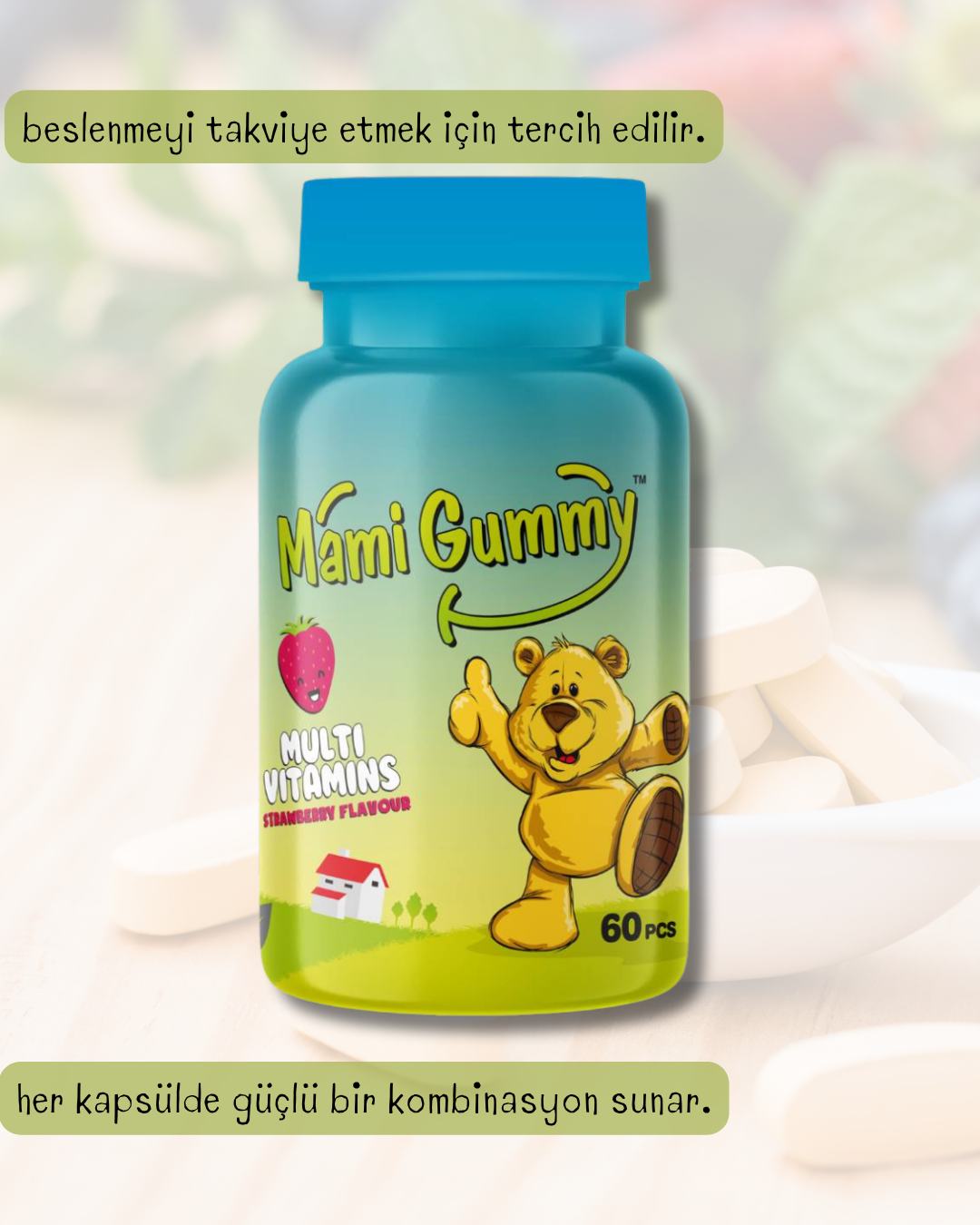 MamiGummy Kids Gummies Multivitamin 60 Adet Çiğnenebilir Gummy Jel Çilek Aromalı