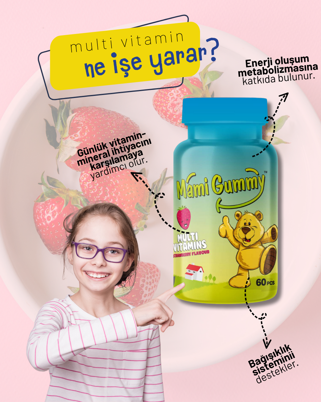 MamiGummy Kids Gummies Multivitamin 60 Adet Çiğnenebilir Gummy Jel Çilek Aromalı