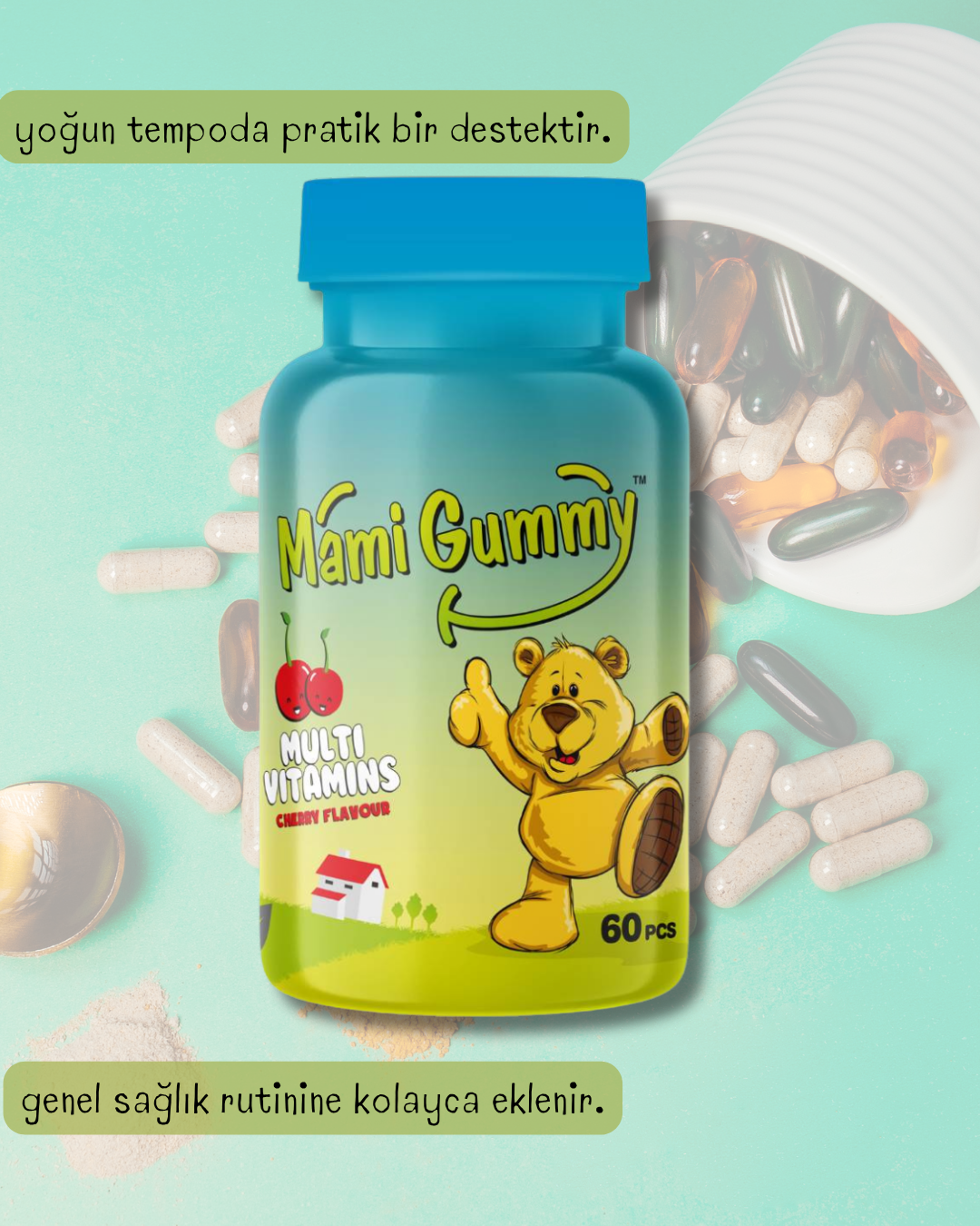 MamiGummy Kids Gummies Multivitamin 60 Adet Çiğnenebilir Gummy Jel Kiraz Aromalı