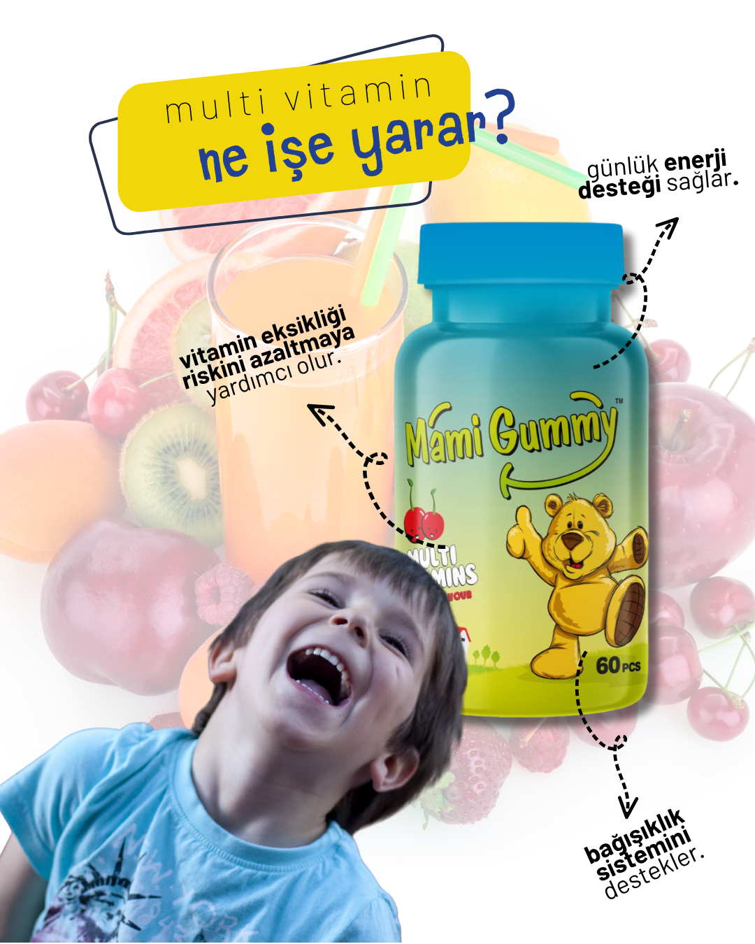 MamiGummy Kids Gummies Multivitamin 60 Adet Çiğnenebilir Gummy Jel Kiraz Aromalı