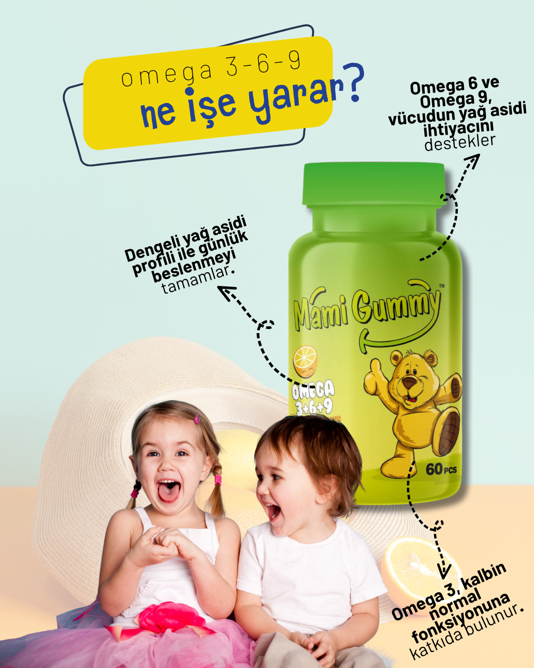 MamiGummy Kids Gummies Omega 3+6+9 60 Adet Çiğnenebilir Gummy Portakal Aromalı