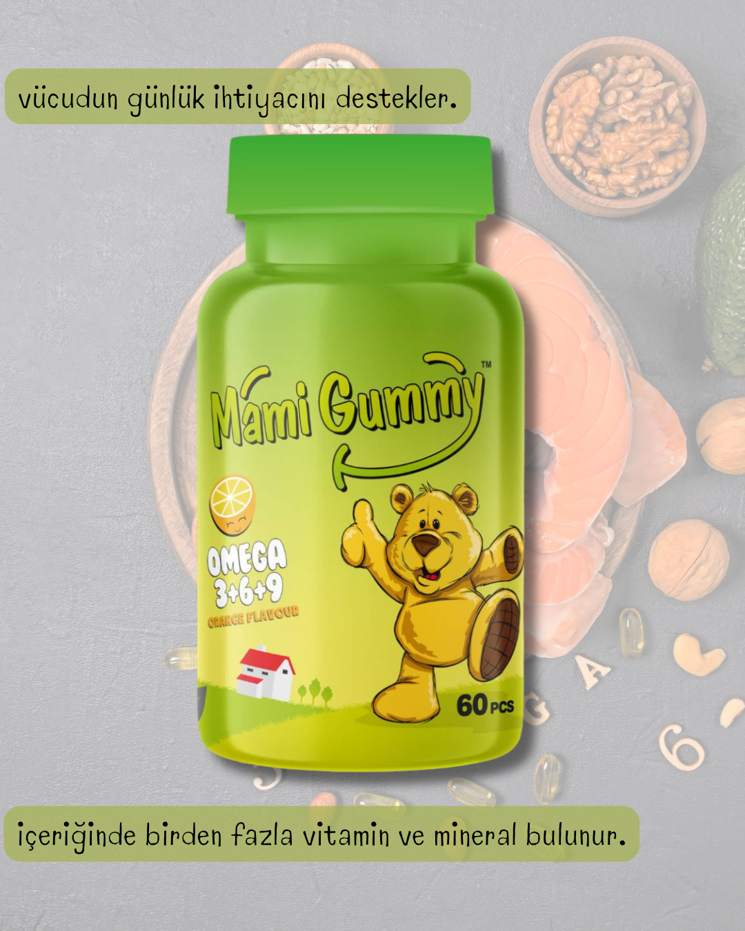 MamiGummy Kids Gummies Omega 3+6+9 60 Adet Çiğnenebilir Gummy Portakal Aromalı