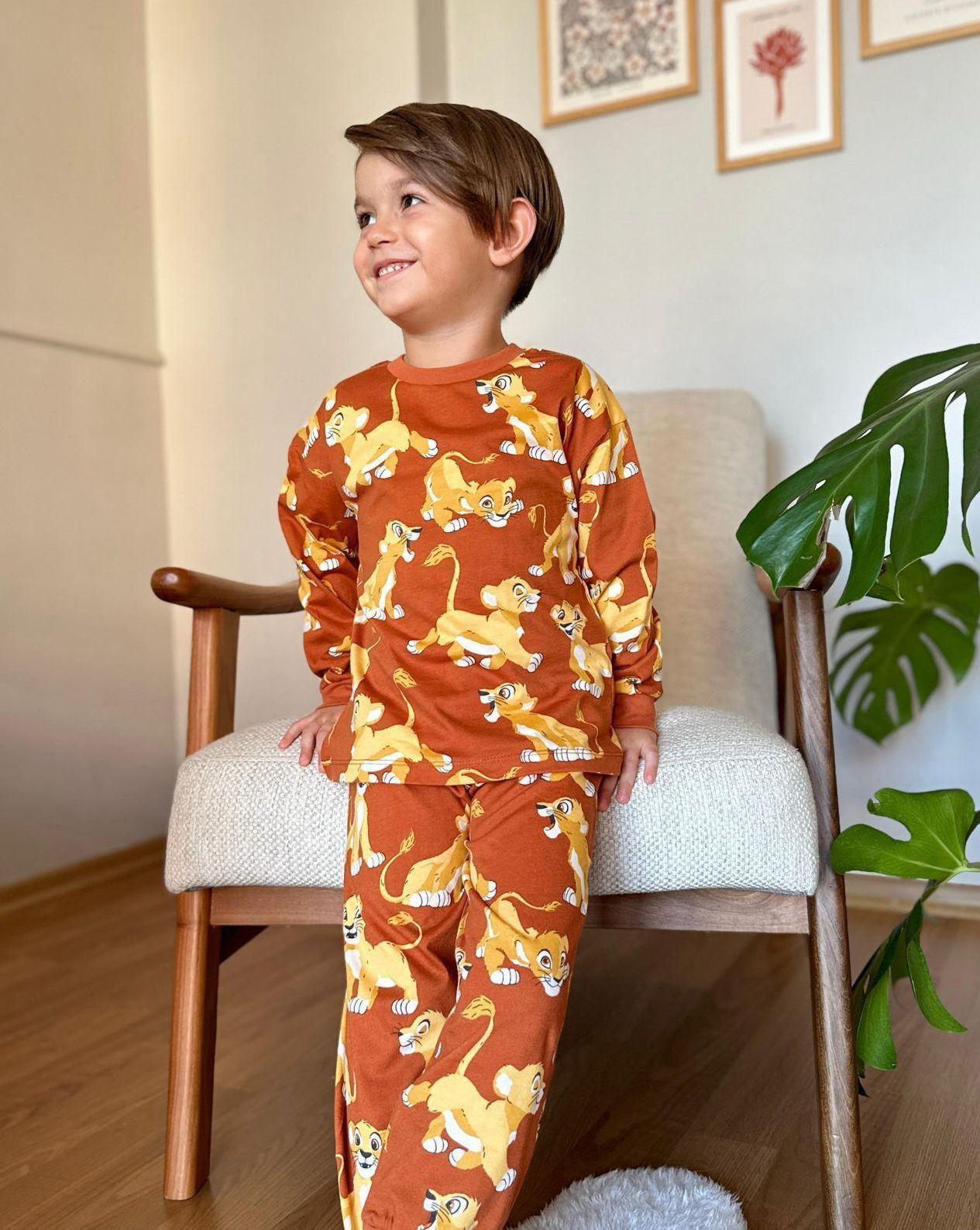Aslan Desenli Pijama Takımı Turuncu