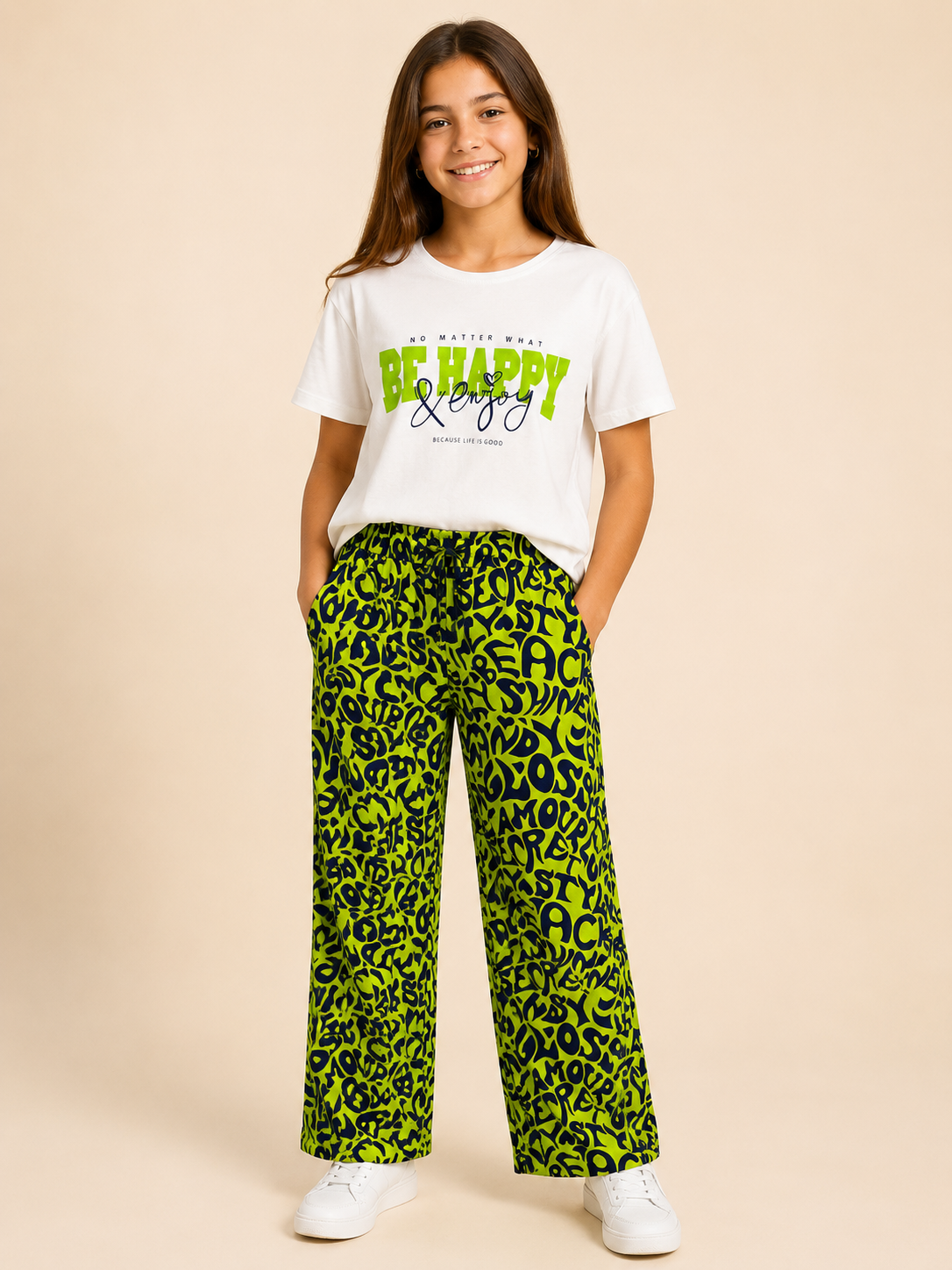 Be Happy Baskılı Kız Çocuk Takım Yeşil
