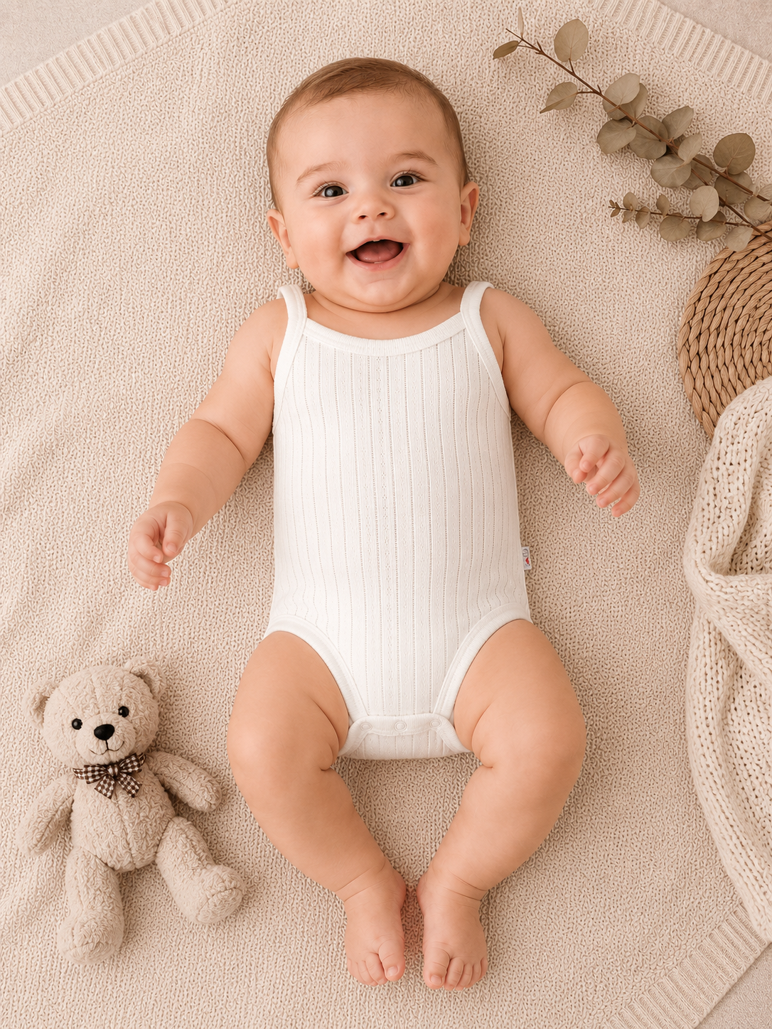 Beyaz Çizgili Askılı Bebek Çıtçıtlı Badi