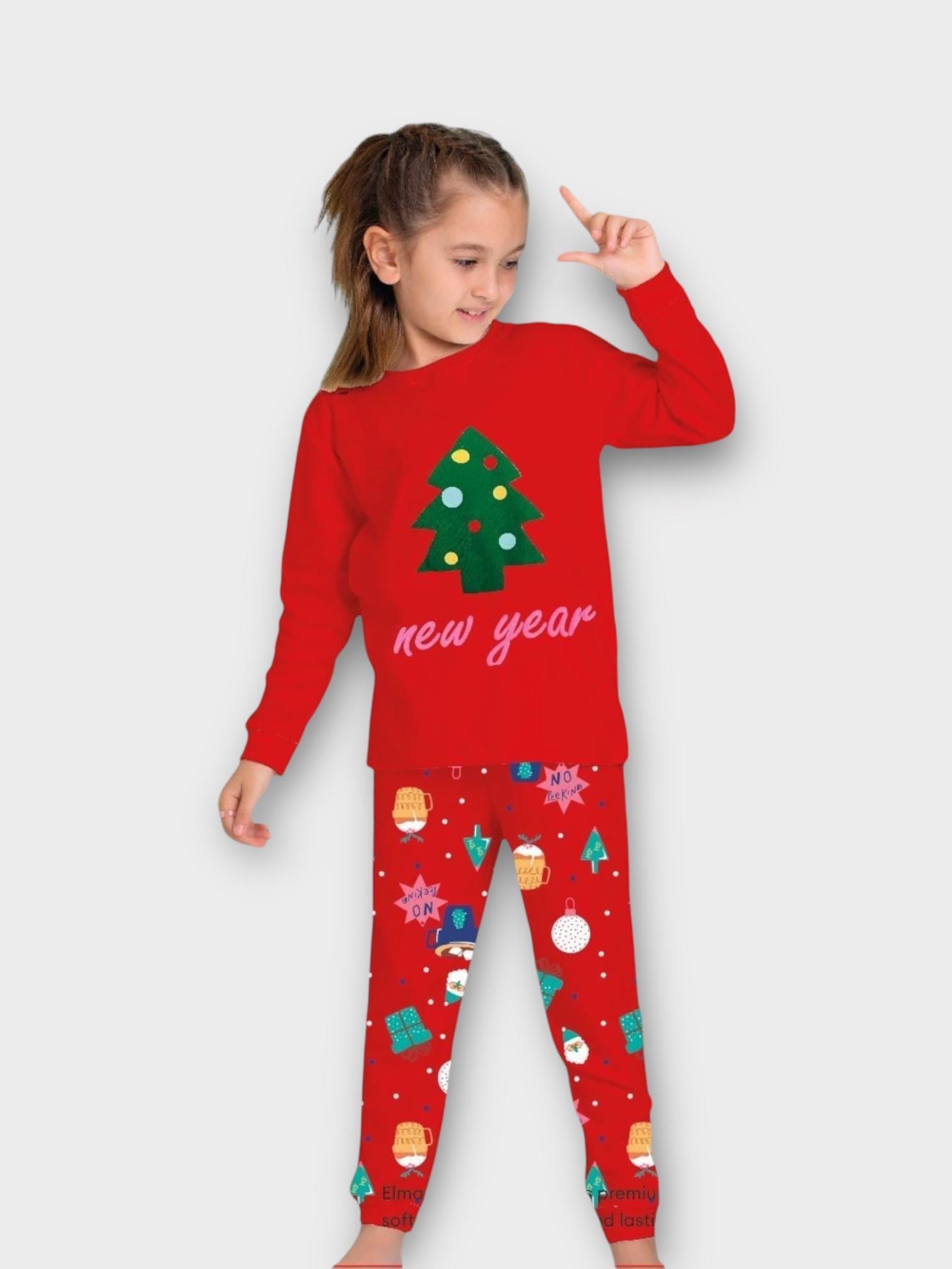 Çam Ağaçlı Yılbaşı Temalı Pijama Takımı Kırmızı