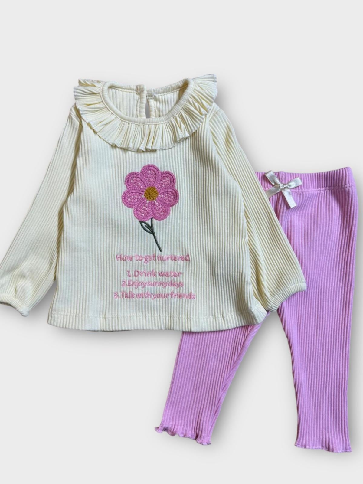 Çiçek Nakışlı Bebe Yaka Takım Pembe