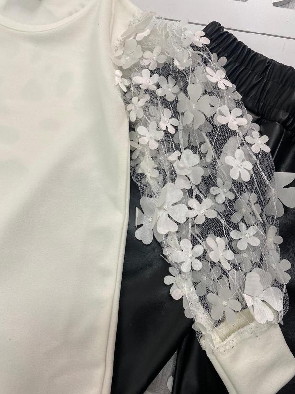 Çiçek Tüllü Deri Pantalonlu Takım