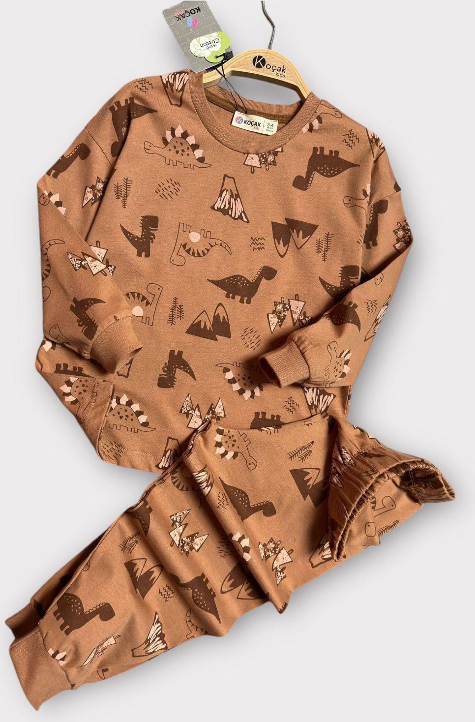 Dinazor Desenli Pijama Takımı Kahverengi