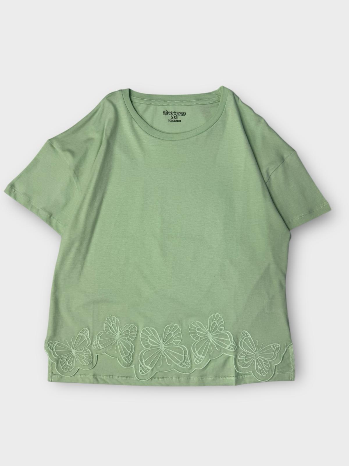 Divonette Kelebek İşlemeli T-shirt Su Yeşili