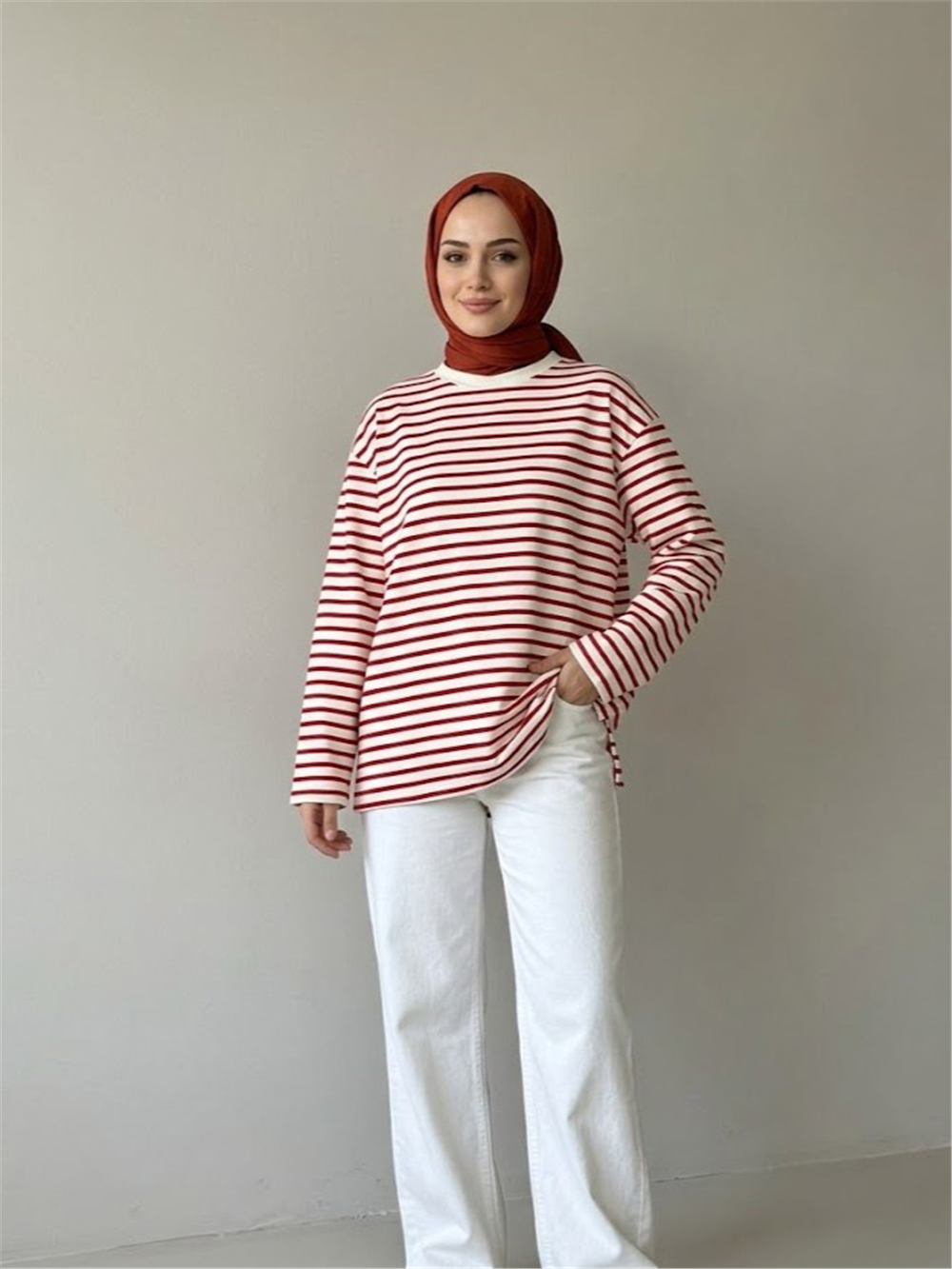 İlgın Genç Kız Çizgili Oversize Sweatshirt Kırmızı