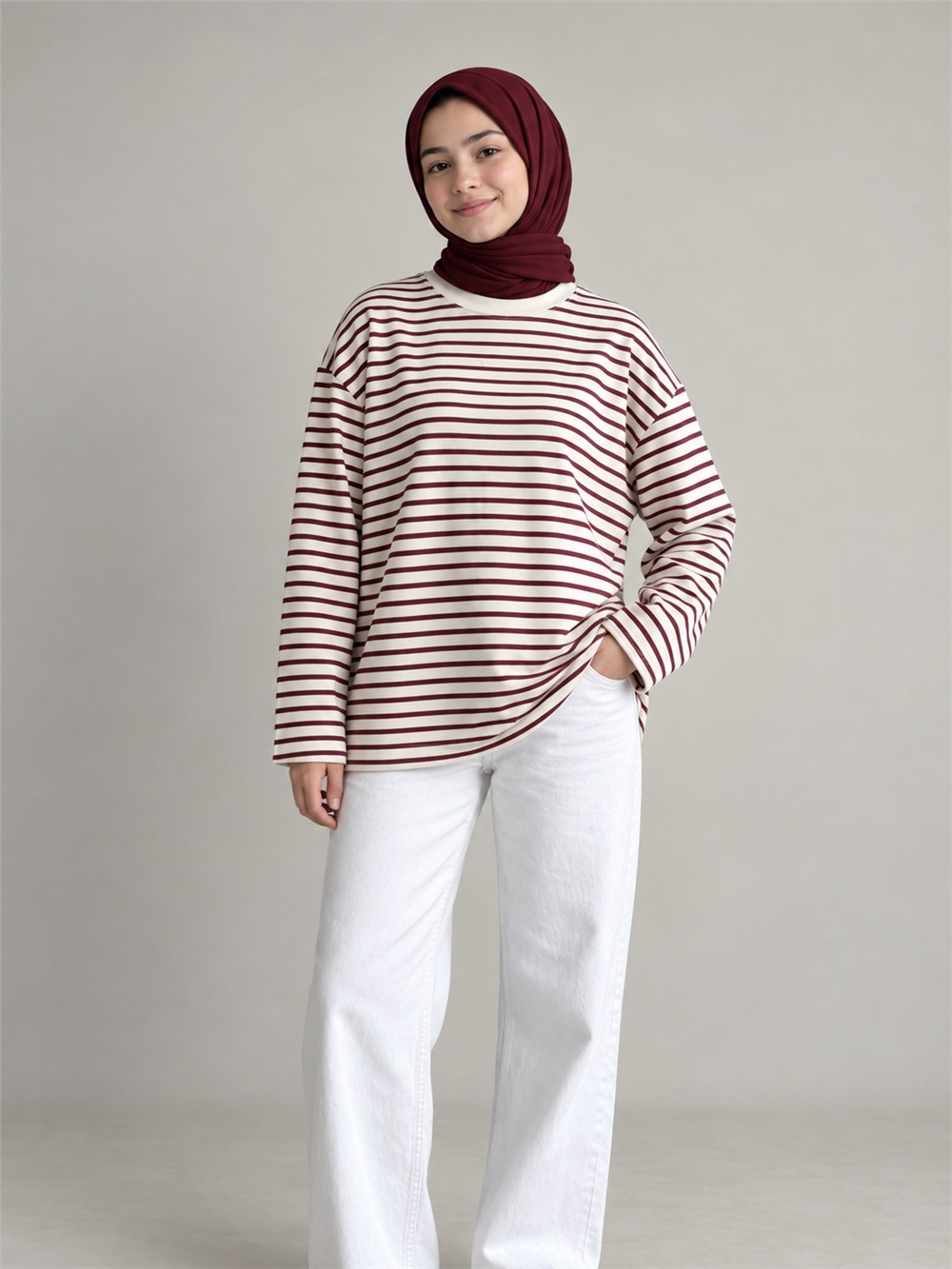 İlgın Genç Kız Çizgili Oversize Sweatshirt Bordo