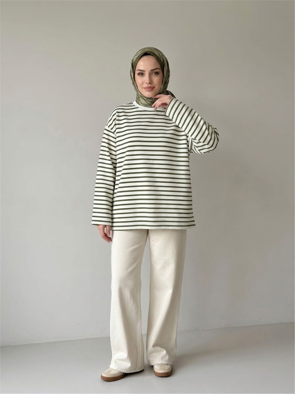 İlgın Genç Kız Çizgili Oversize Sweatshirt Yeşil