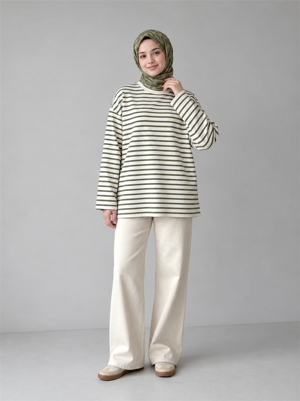 İlgın Genç Kız Çizgili Oversize Sweatshirt Yeşil