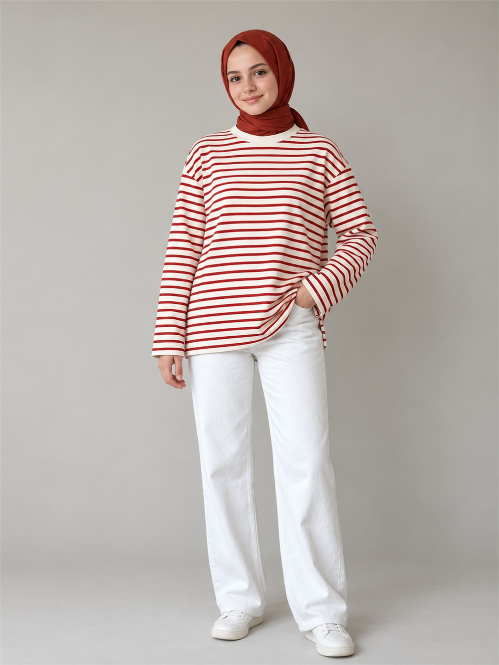 İlgın Genç Kız Çizgili Oversize Sweatshirt Kırmızı