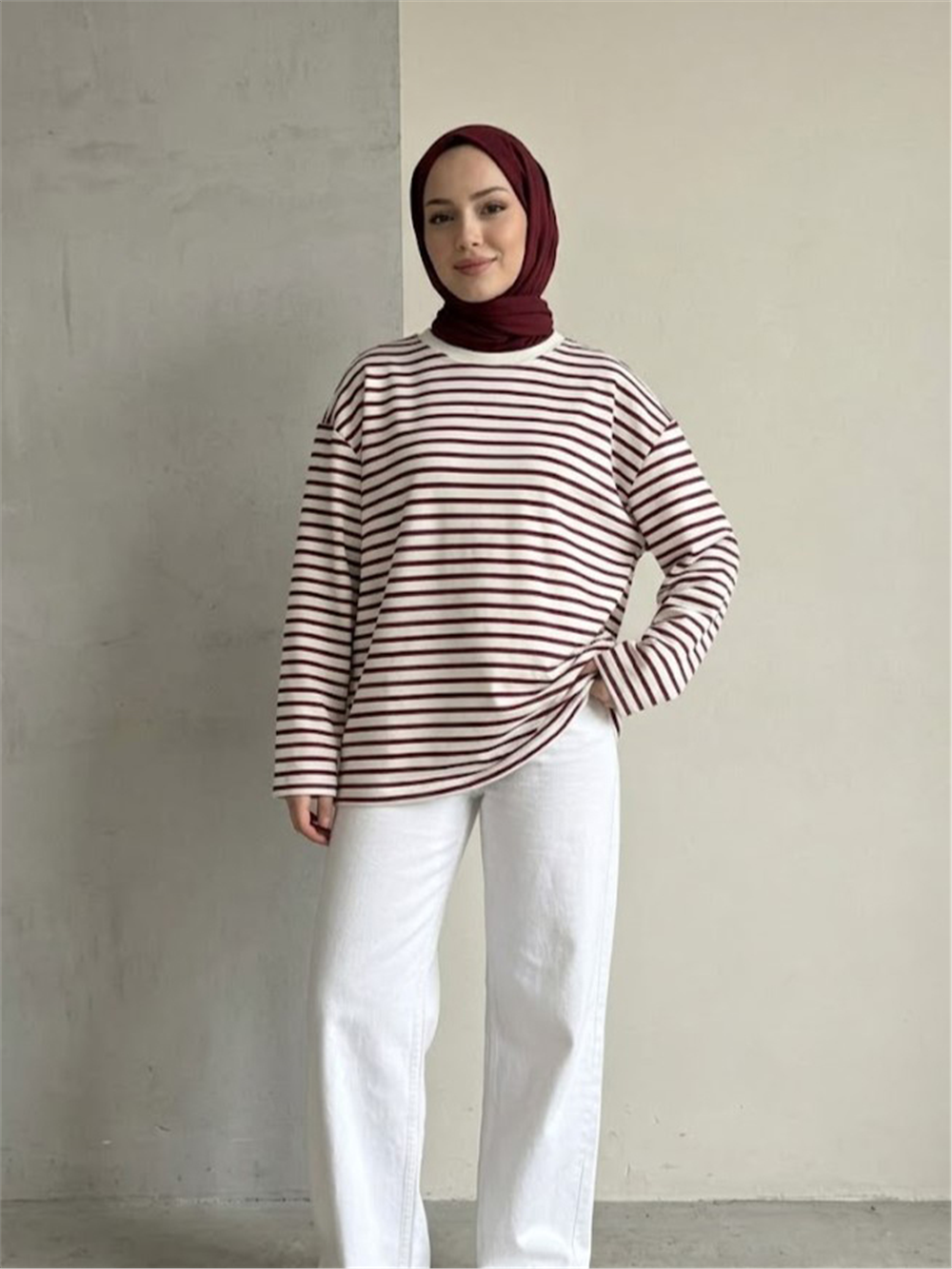 İlgın Genç Kız Çizgili Oversize Sweatshirt Bordo