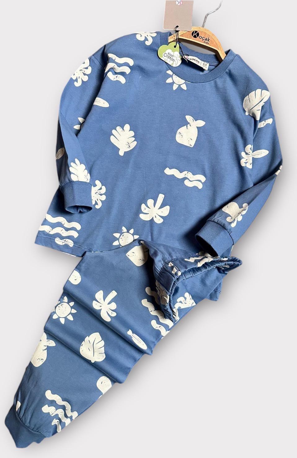 Palmiye Desenli Pijama Takımı Mavi