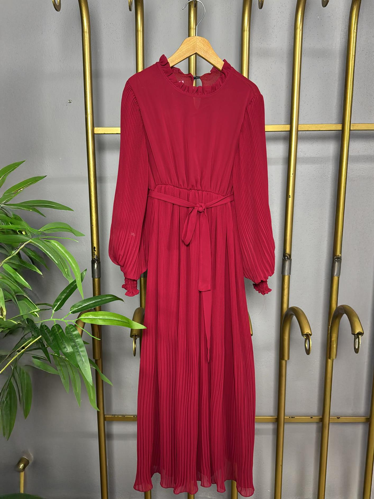 Piliseli Elbise Bordo