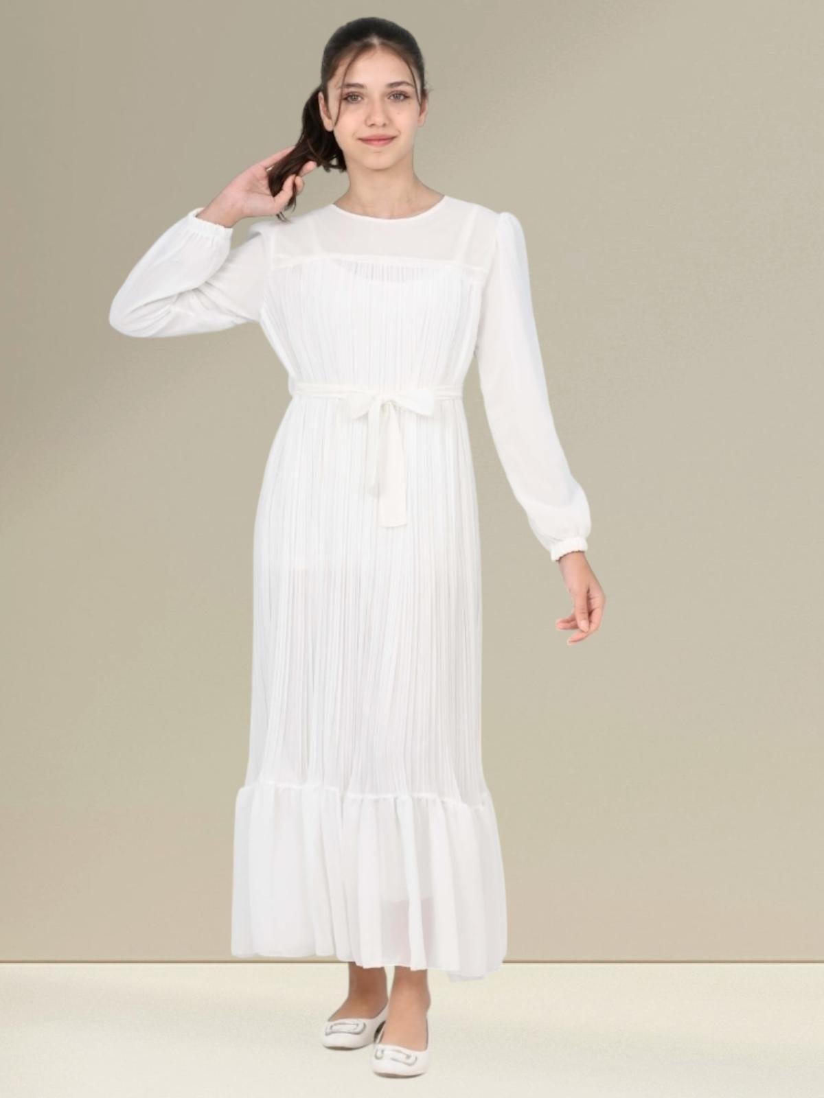Robadan Pliseli Elbise Beyaz