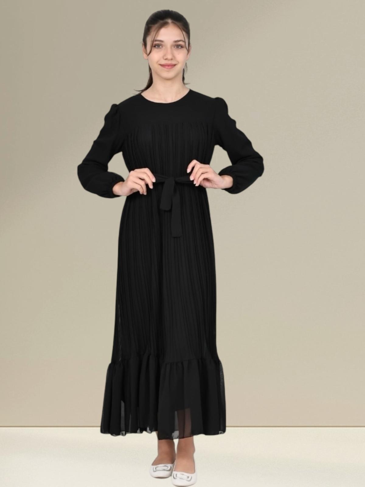 Robadan Pliseli Elbise Siyah