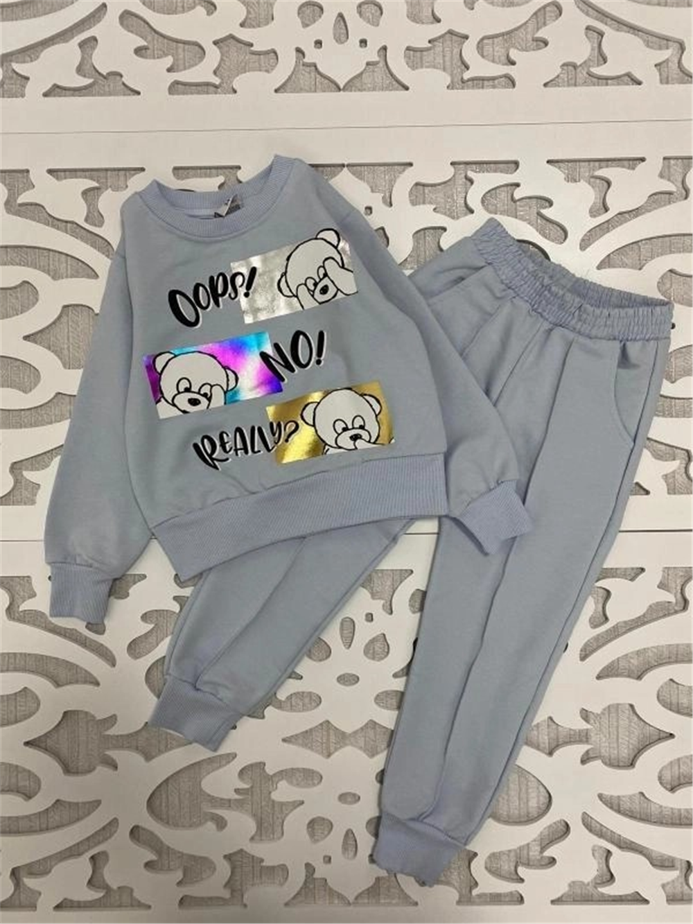 Sevimli Panda Baskılı Kız Çocuk Eşofman Takımı Buz Mavisi