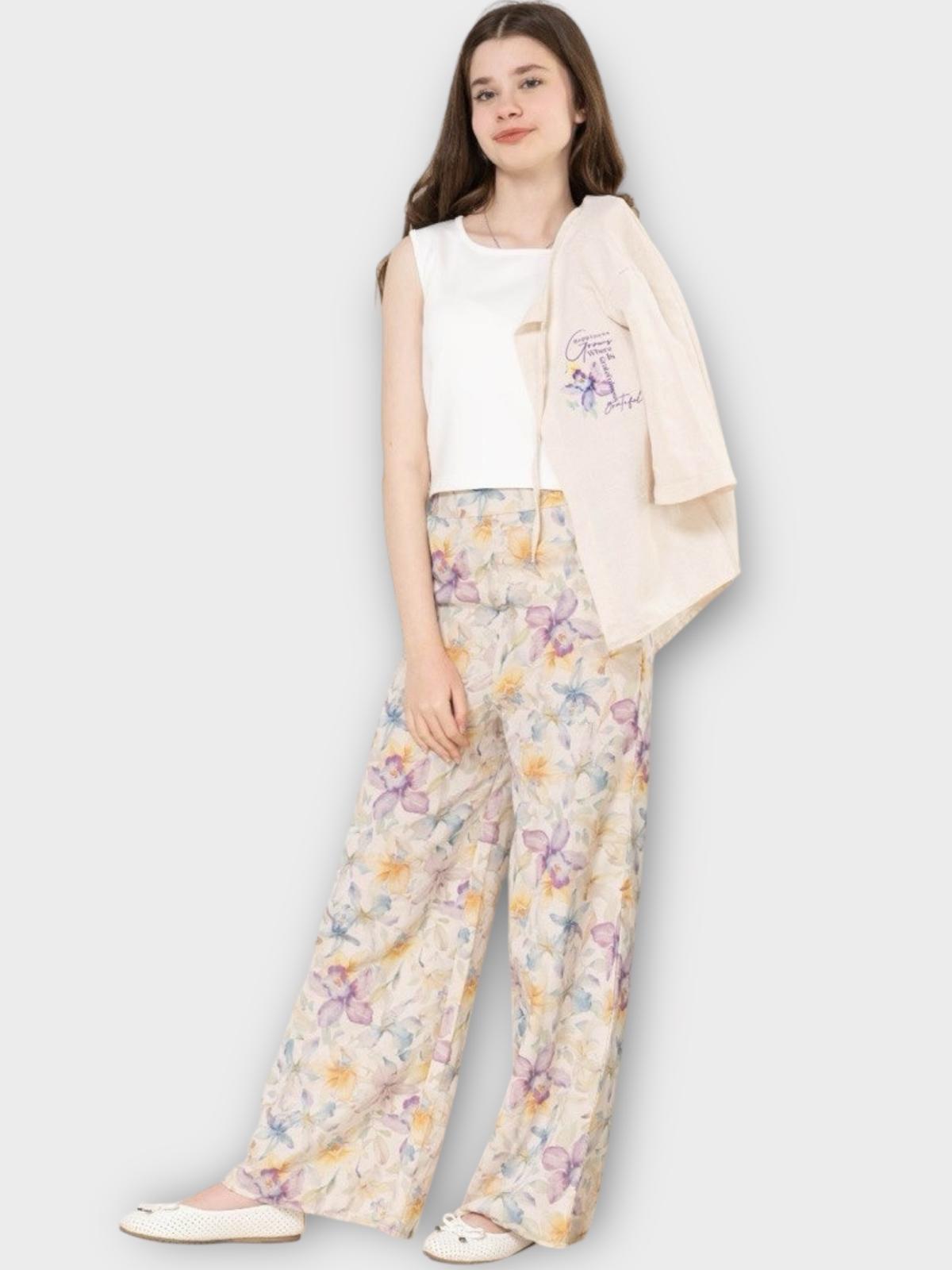 Üç Parça Mor Çiçekli Takım