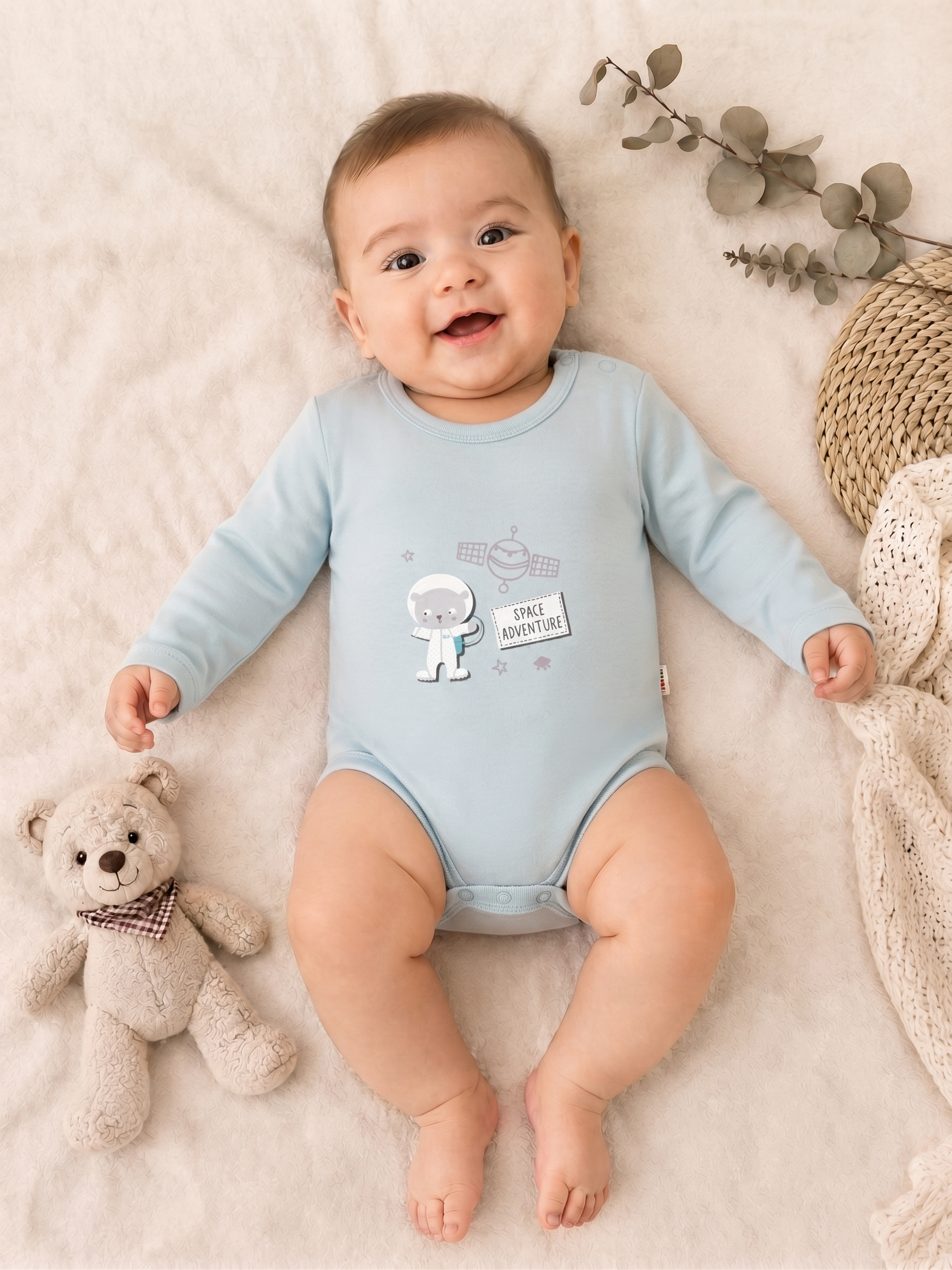 Uzay Mavi Uzun Kol Bebek Çıtçıtlı Badi