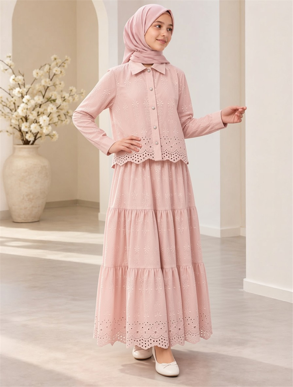 Vazera Kız Çocuk Etekli Takım - Tesettür Takım Pembe