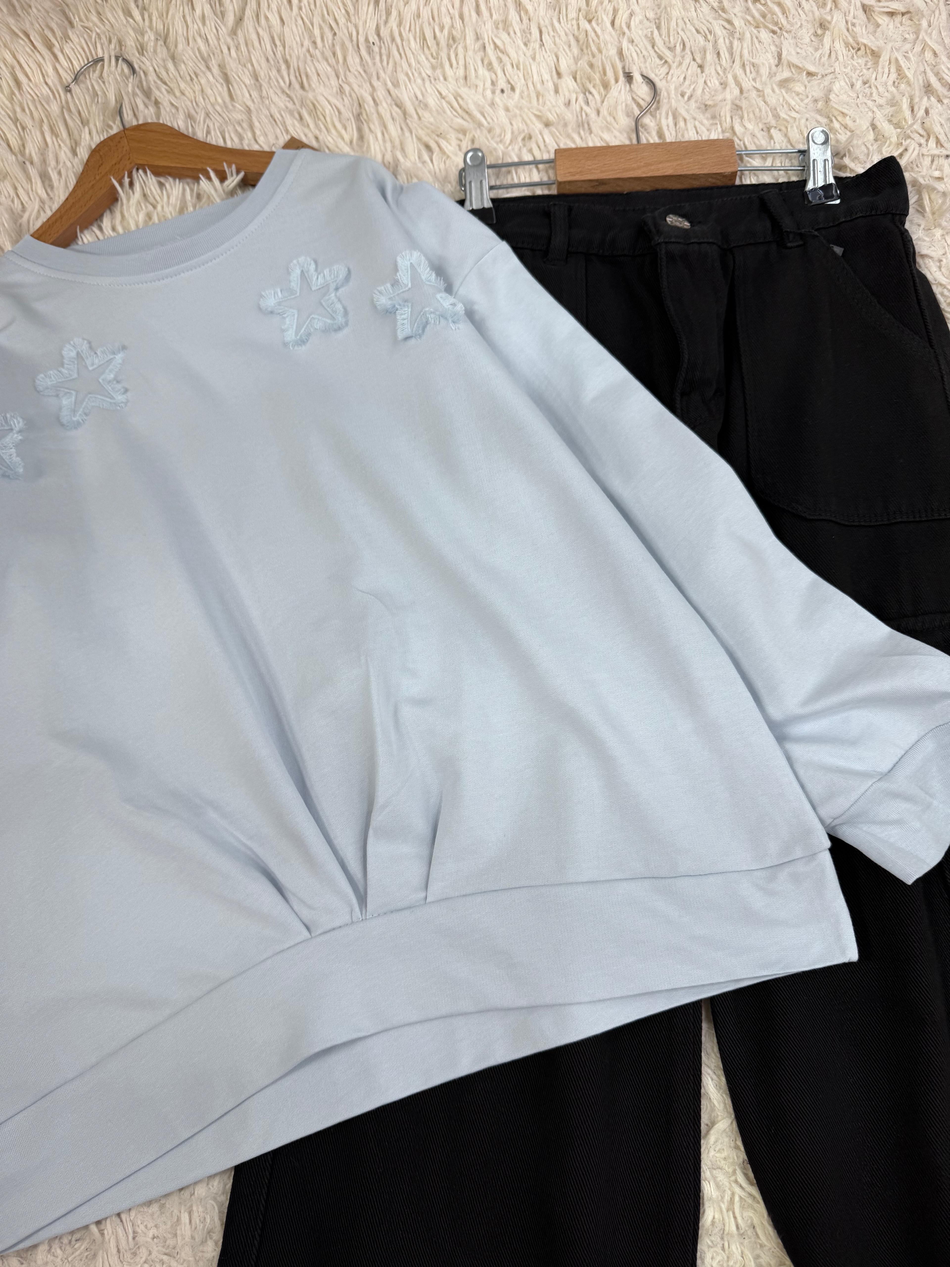 Yıldız Nakışlı Sweat Mavi