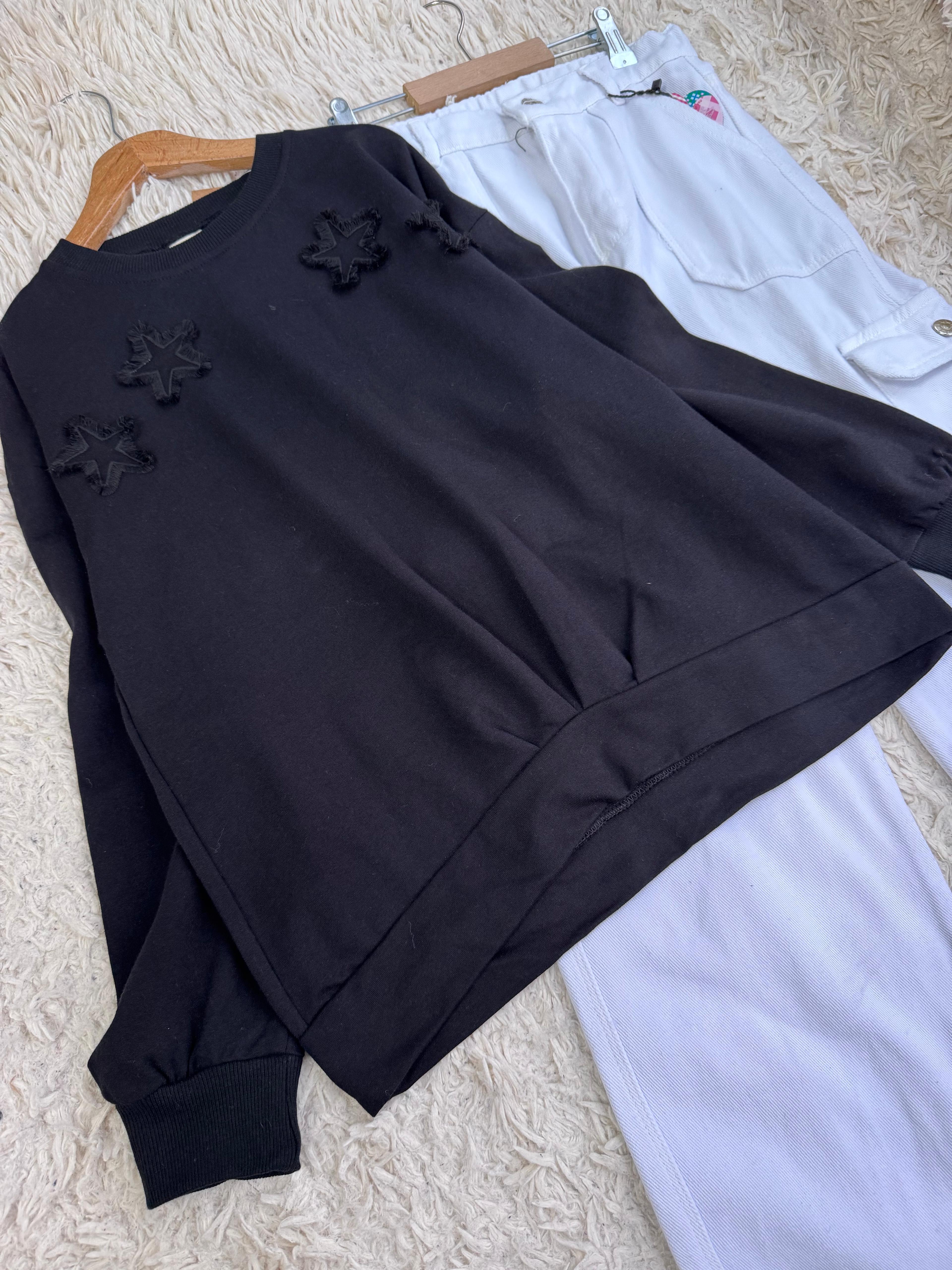 Yıldız Nakışlı Sweat Siyah