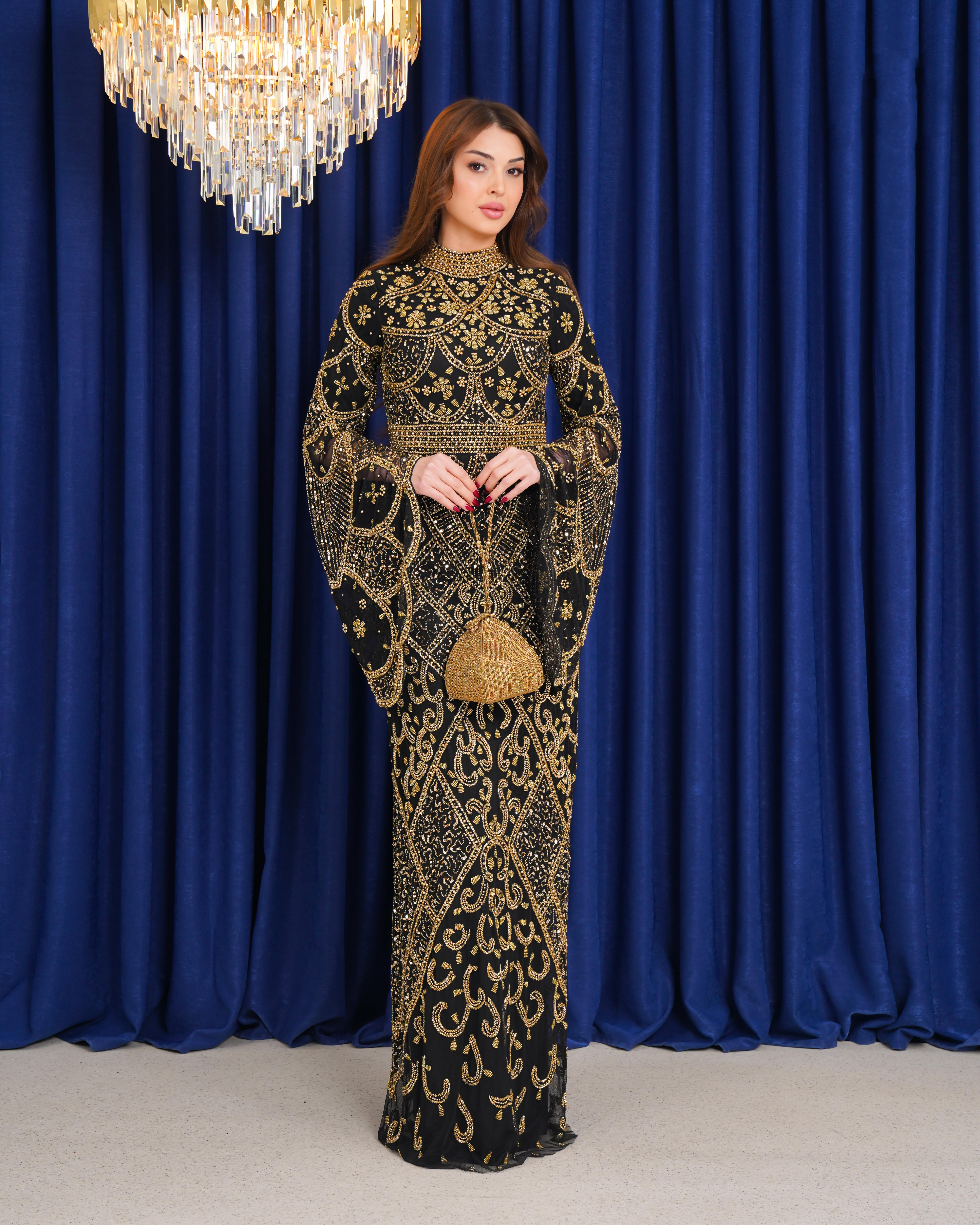 “Sultan Zerafeti” Siyah Altın İşlemeli Kaftan Elbise