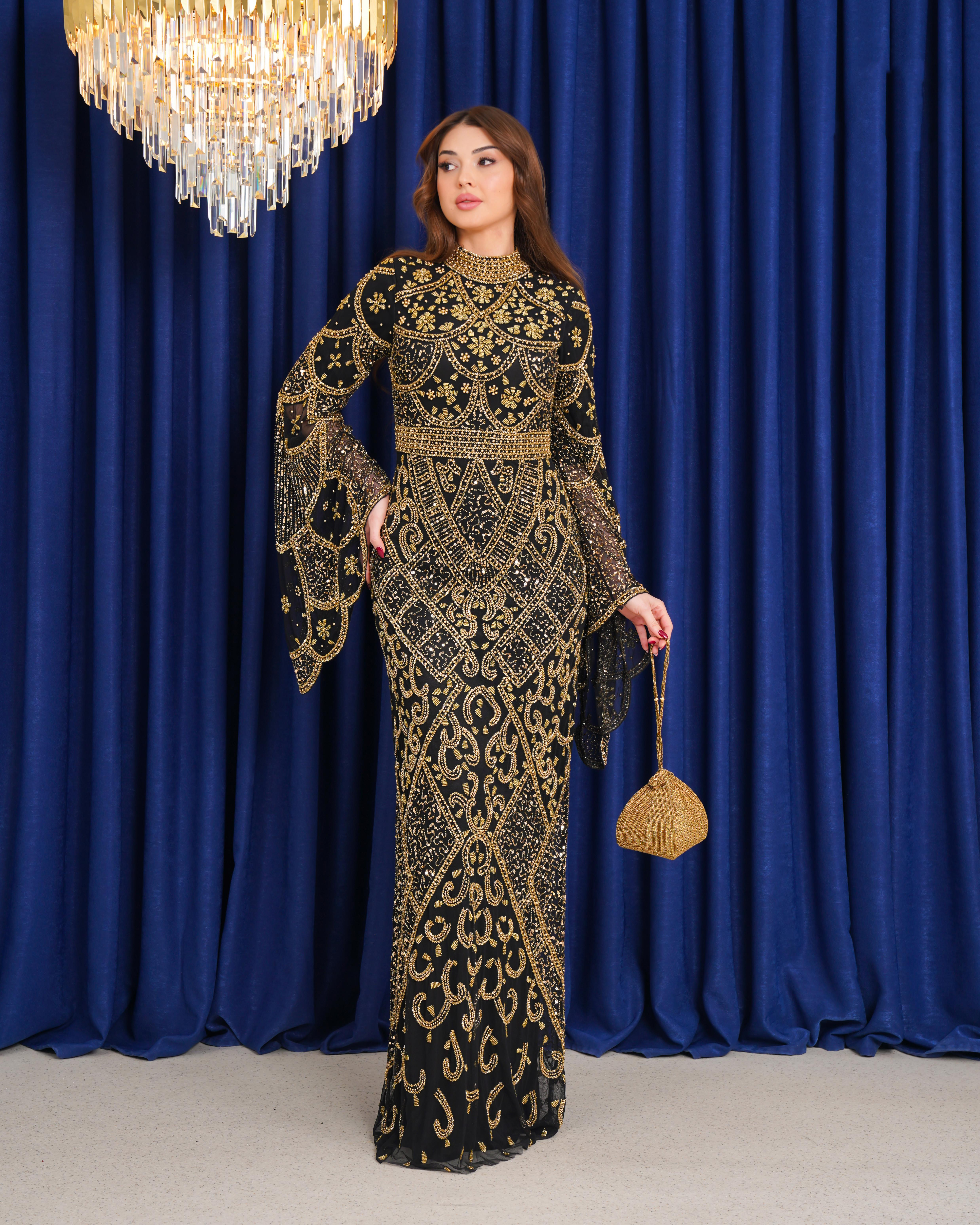 “Sultan Zerafeti” Siyah Altın İşlemeli Kaftan Elbise