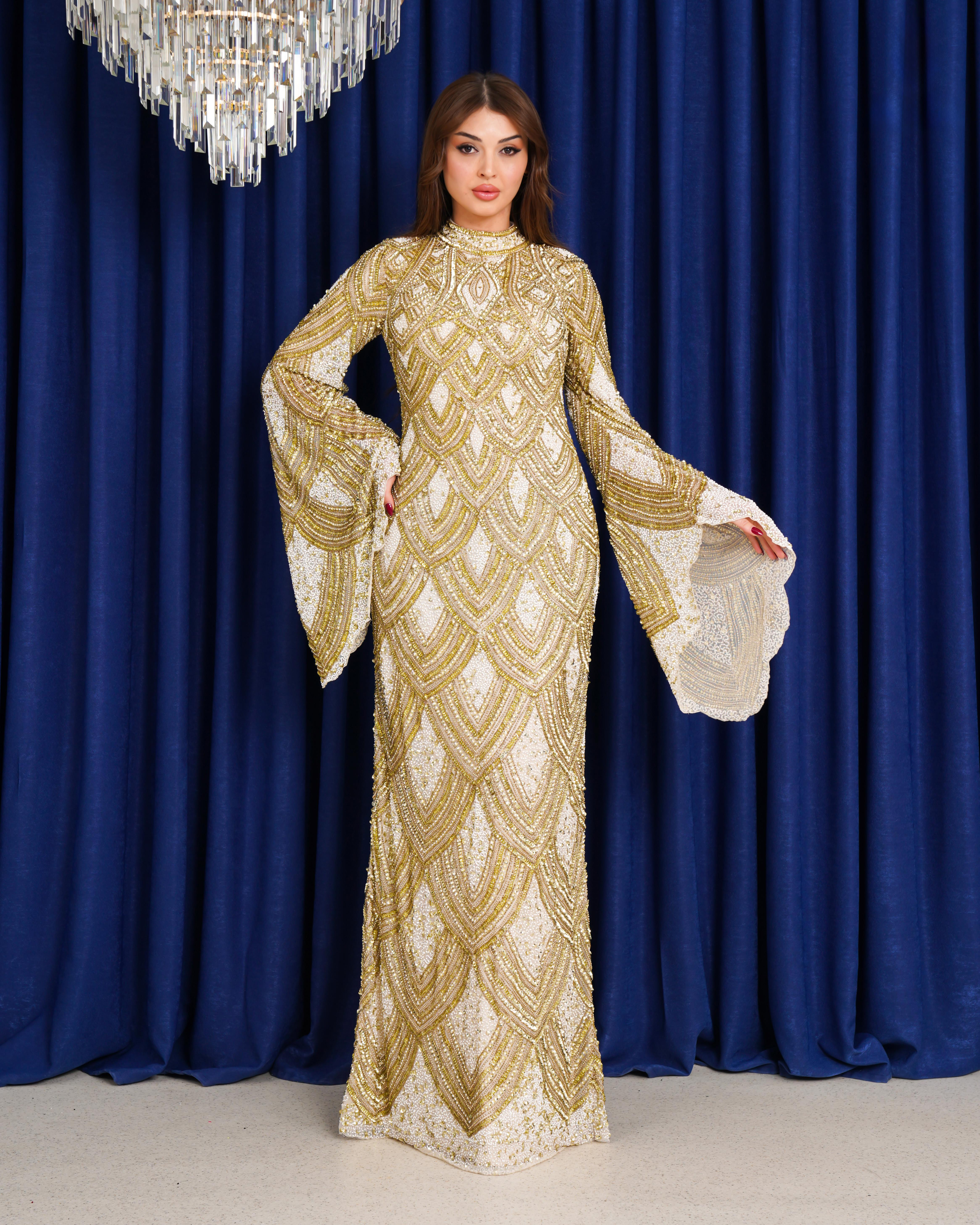 Dubai Gold Dalgası – Altın İşlemeli Kaftan Abiye