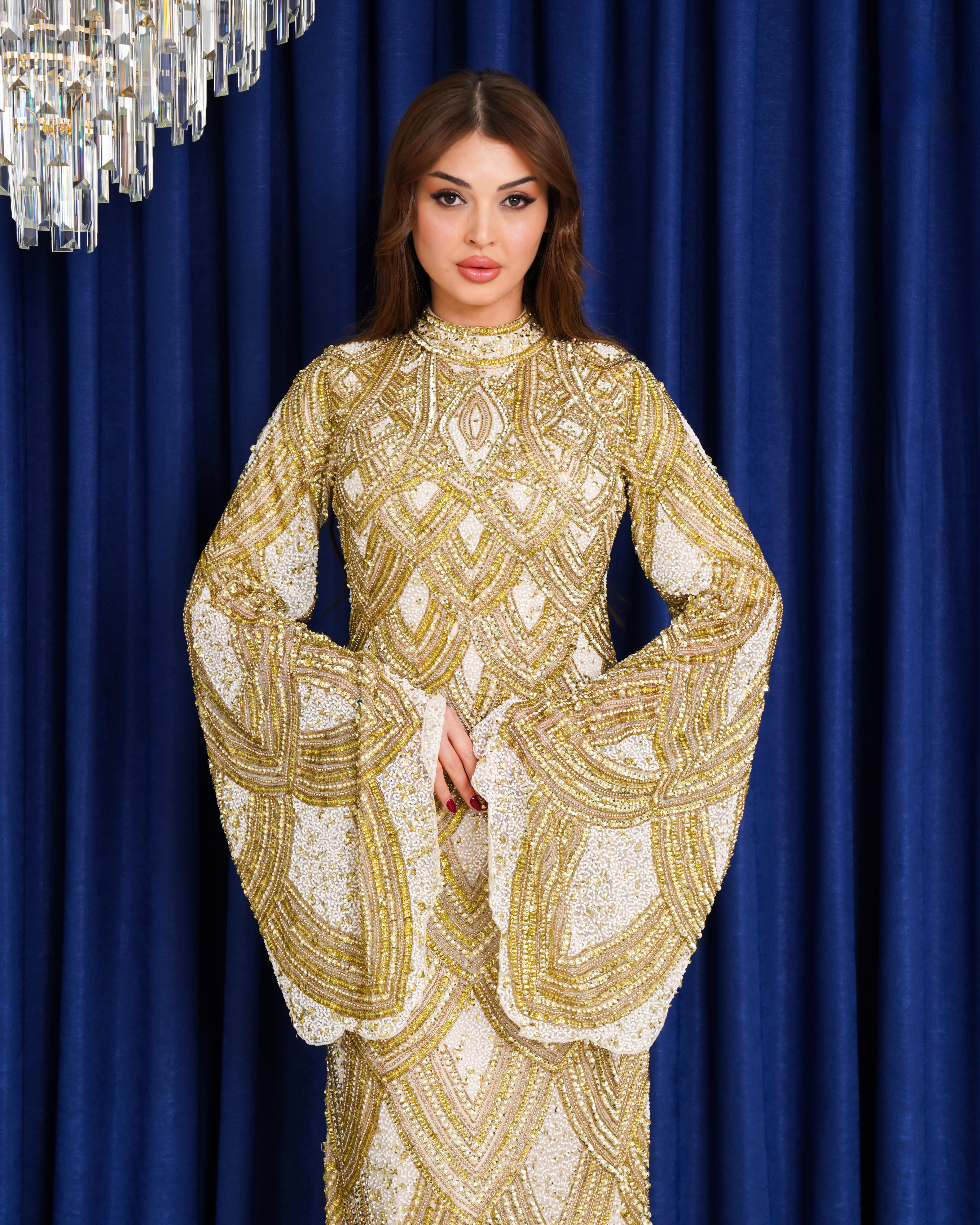 Dubai Gold Dalgası – Altın İşlemeli Kaftan Abiye