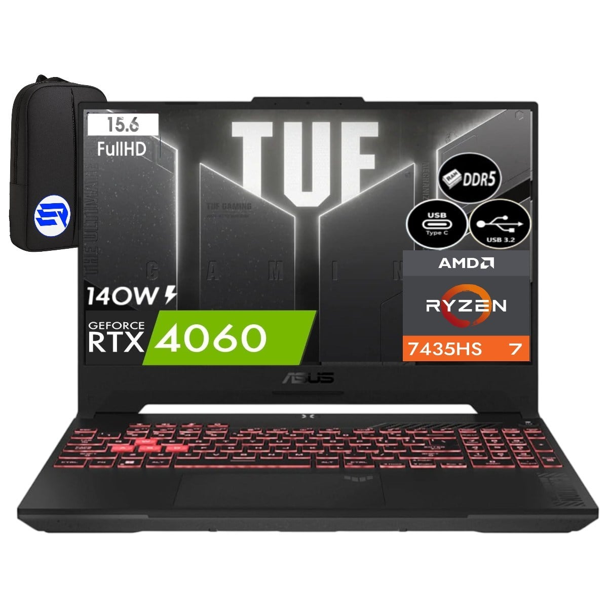 Asus Tuf Gaming A15 FA507NVR-LP099EP3 Ryzen 7-7435HS 64GB Ram 512GB SSD RTX4060 8gb 140W 15.6'' WIN11 Pro 144Hz + Elektropasaj Çanta