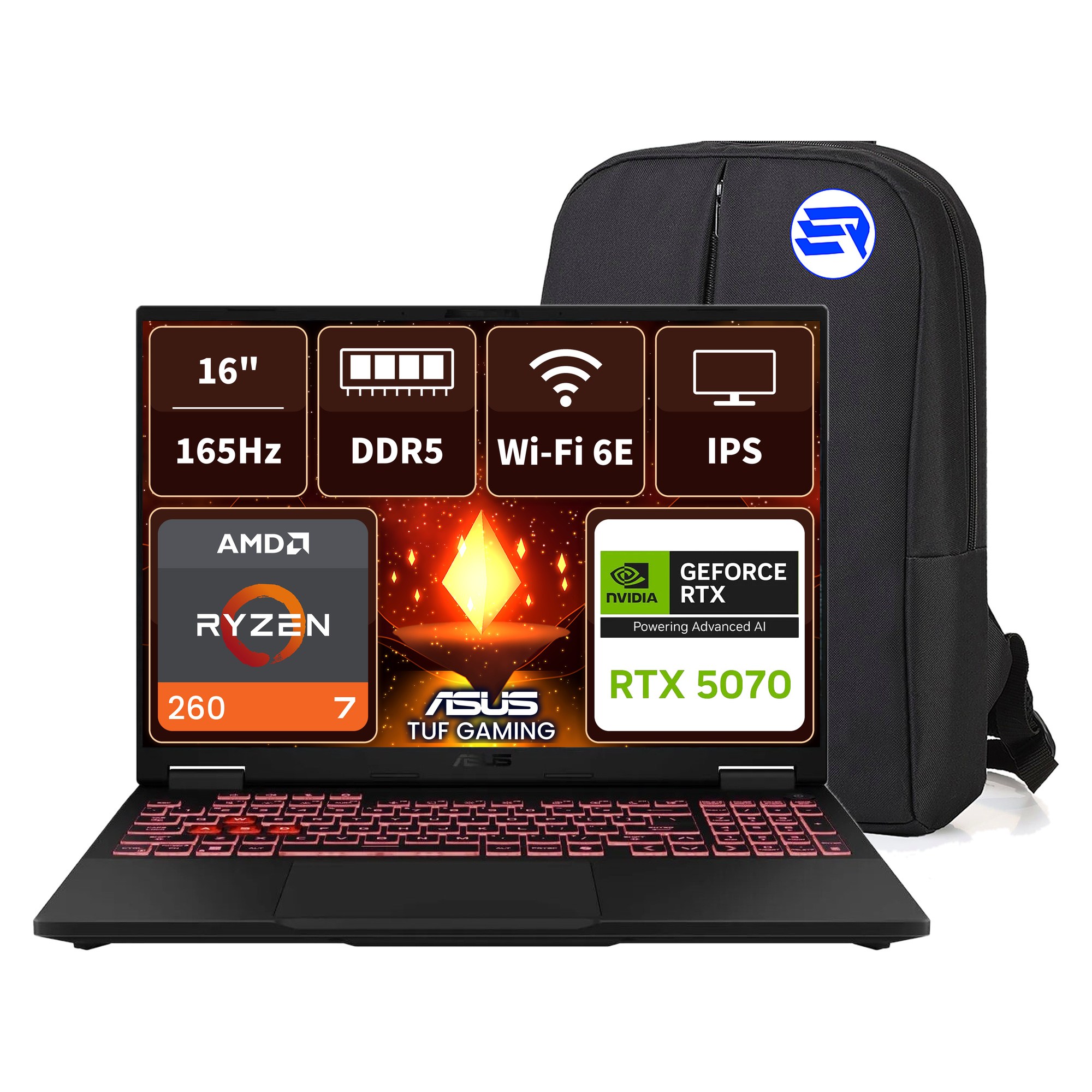 Asus TUF Gaming A16 FA608UP-RV199EP7 Ryzen7 260 RTX5070 32GBRAM 512GBSSD 16'' WUXGA 165Hz Windows 11 Pro + ElektroPasaj Çanta