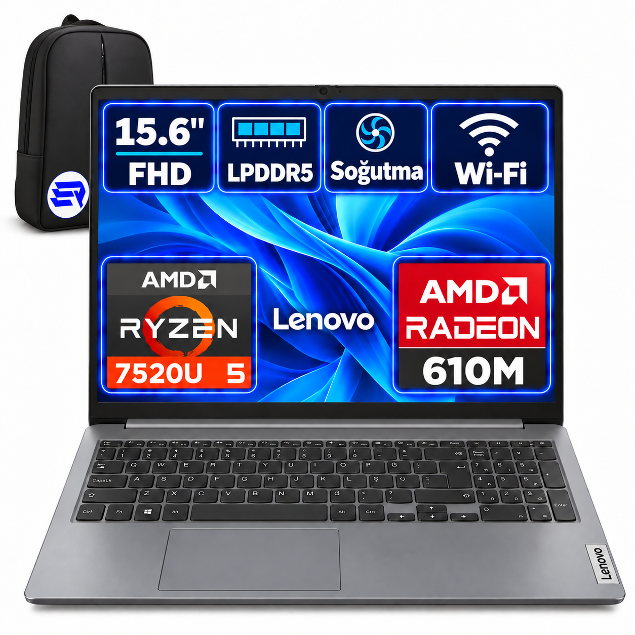 Lenovo IdeaPad Slim 3 15AMN8 82XQ00RWTXEP1 Ryzen5 7520U 8GBRAM 512GBSSD 15.6'' FHD Win11 Pro + ElektroPasaj Çanta