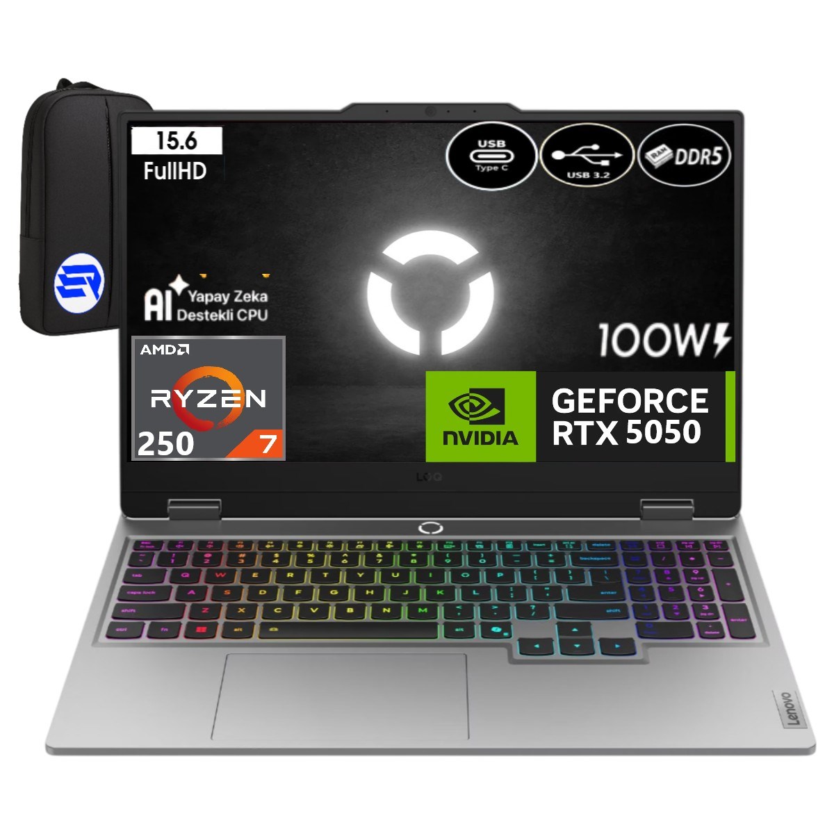 Lenovo Loq 15AHP10 Ryzen 7-250 32GB Ram 1tb SSD RTX5050 8gb 100W 15.6'' Inç Fhd 144Hz WIN11 Pro 83JG006ATREP1 + Elektropasaj Çanta