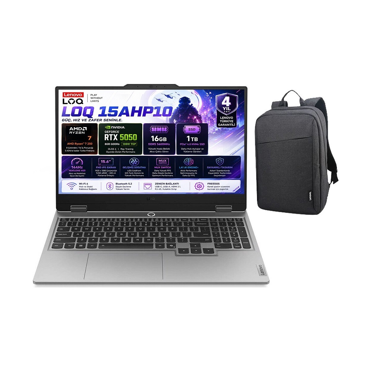 Loq 15AHP10 Amd Ryzen 7-250 16GB Ddr5 1tb SSD Rtx 5050 8gb 100W 15.6 Inç Full Hd 144Hz IPS Windows 11 Pro Gaming Laptop (83JG00BMTR) B210 Çanta Hediyeli
