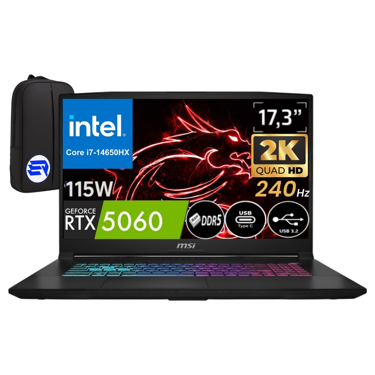 Msi Katana 17 Hx B14WFK-248XTREP11 I7-14650HX 64GB 2tb SSD RTX5060 115WATT 17.3'' 2k Qhd 240Hz WIN11 Pro + Elektropasaj Çanta