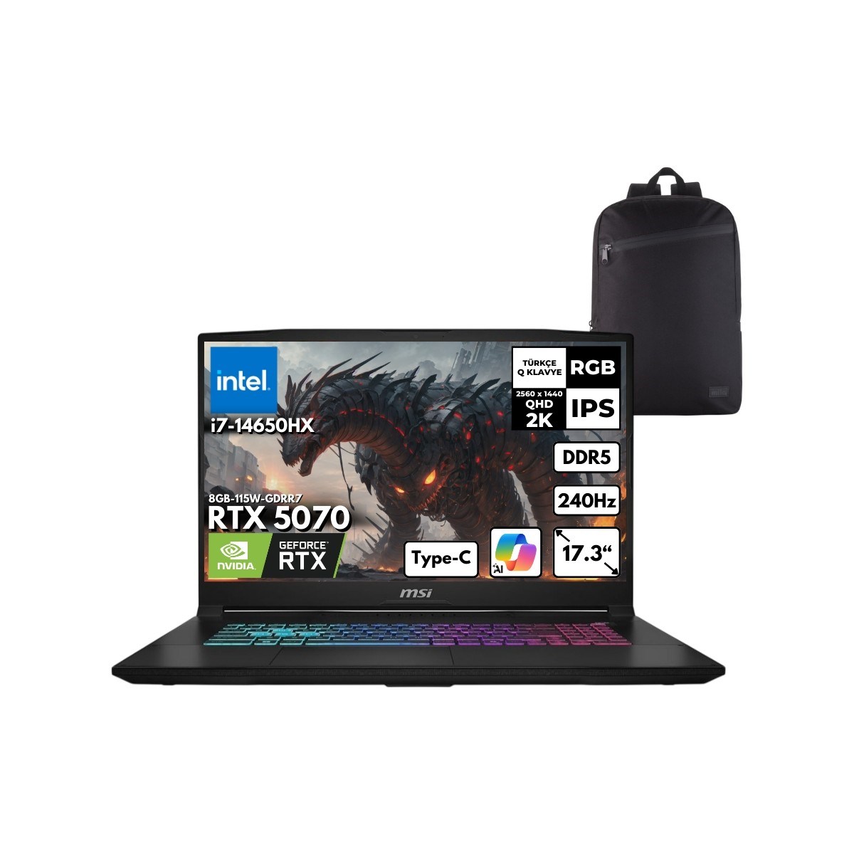 Msı Katana 17 Hx I7-14650HX 64-Gbddr5 2 Tbssd RTX5070 (8GB-115W) 17.3