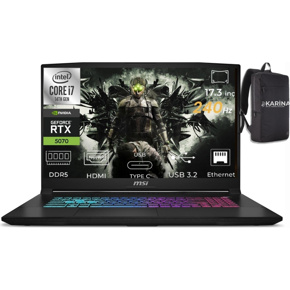 Msı Katana 17 Hx I7-14650HX B14WGK-047XTR-00 24GB 1tb RTX5070 8gb Freedos 17.3 Qhd 240Hz Gaming Laptop